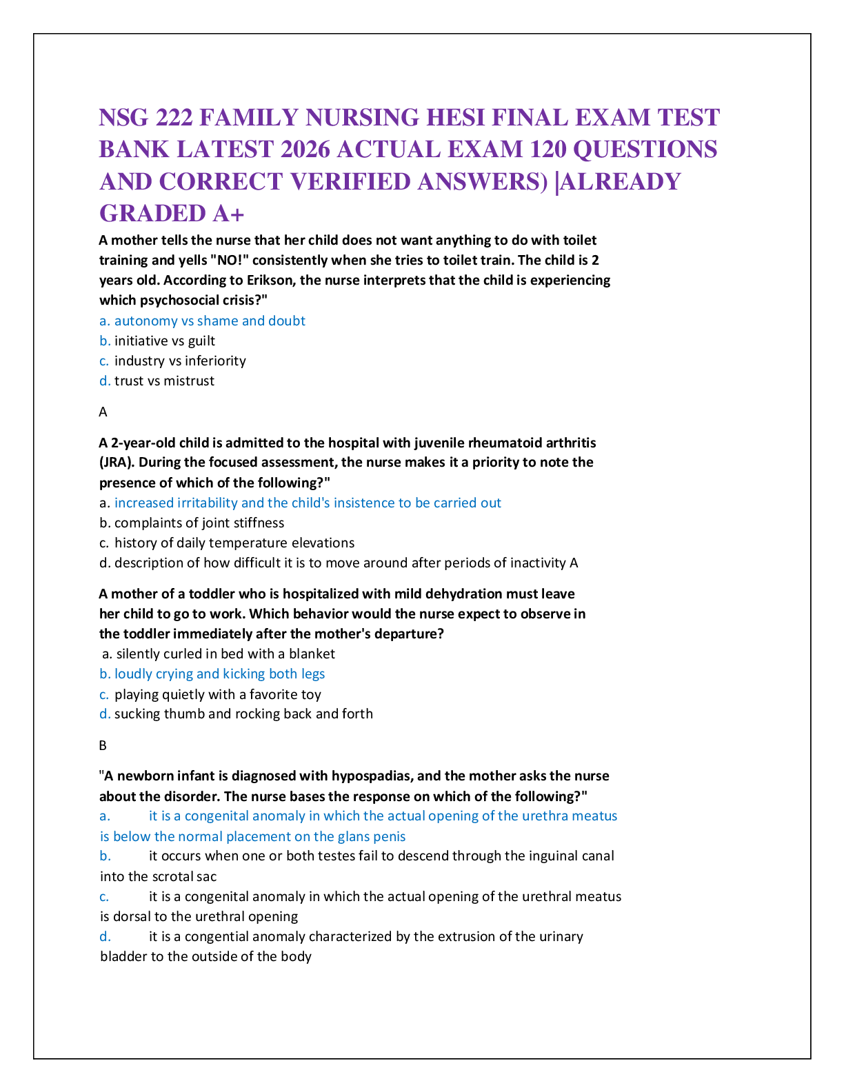 Preview of NSG 222 FAMILY NURSING HESI FINAL EXAM TEST   BANK LATEST 2026 ACTUAL EXAM 120 QUESTIONS  AND CORRECT VERIFIED ANSWERS) |ALREADY  GRADED A+
