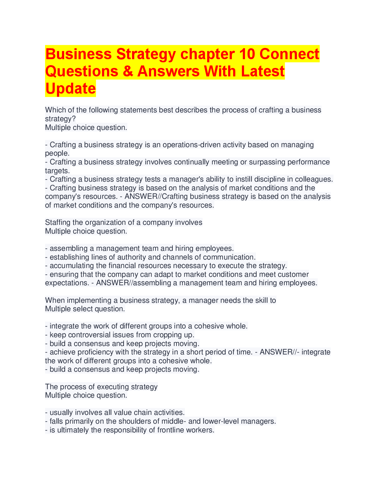 Preview of Business Strategy Chapter 10 Connect Questions & Answers With Latest Update