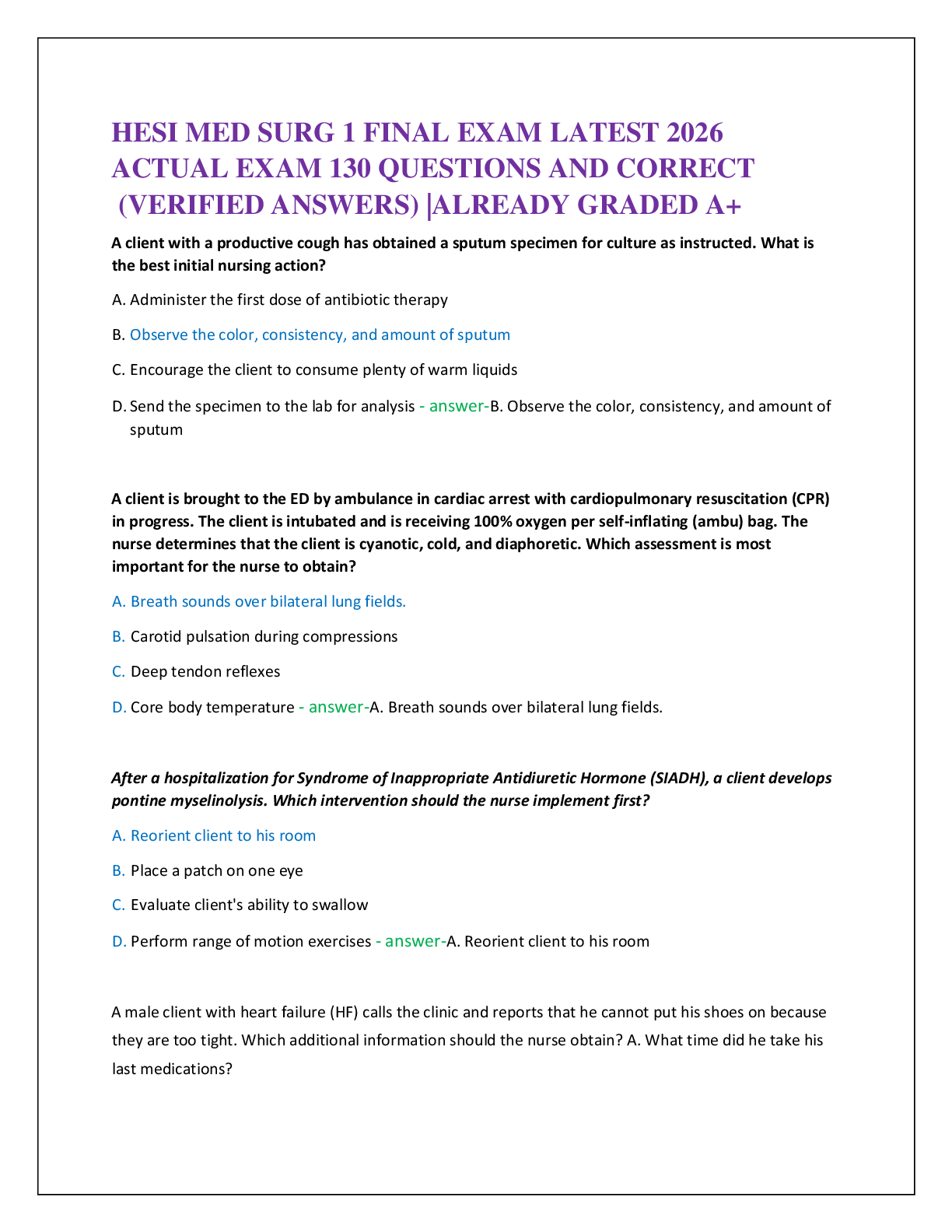 Preview of HESI MED SURG 1 FINAL EXAM LATEST 2026   ACTUAL EXAM 130 QUESTIONS AND CORRECT   (VERIFIED ANSWERS) |ALREADY GRADED A+