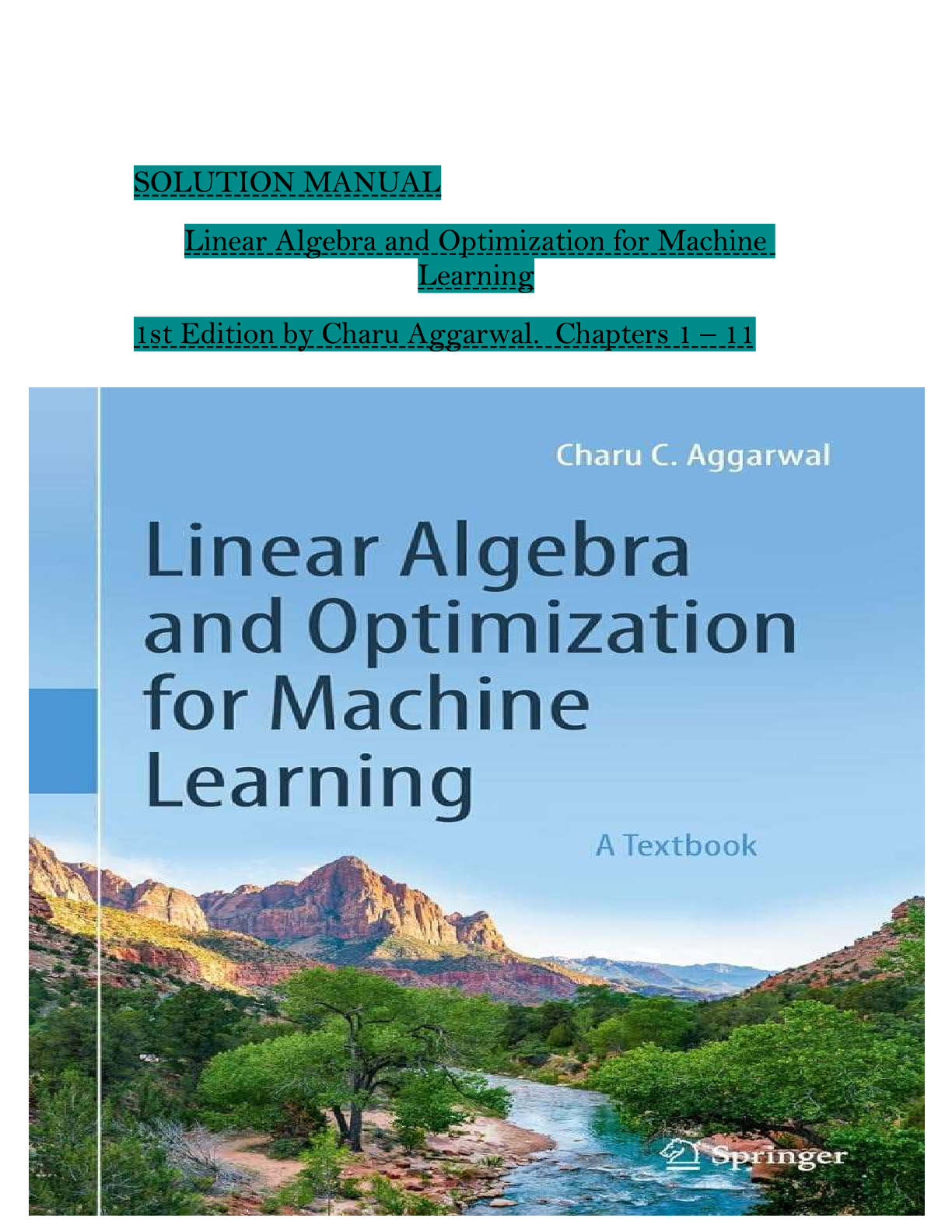Preview of Solution Manual for Linear Algebra and Optimization for Machine Learning, 1st Edition by Charu C. Aggarwal  | Verified Chapters 1-11 Complete  | A+ Grade | Downloadable PDF