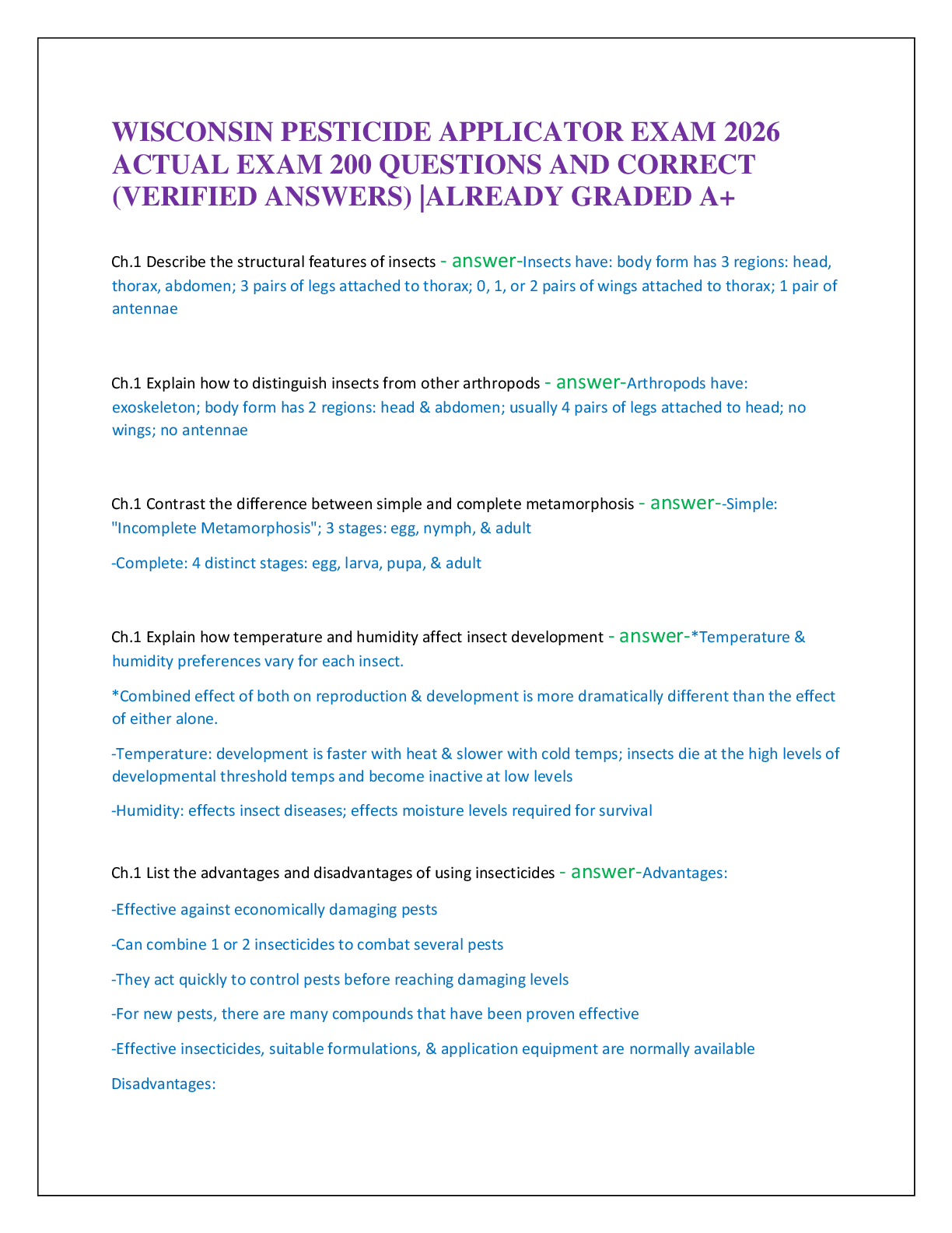 Preview of WISCONSIN PESTICIDE APPLICATOR EXAM 2026  ACTUAL EXAM 200 QUESTIONS AND CORRECT   (VERIFIED ANSWERS) |ALREADY GRADED A+