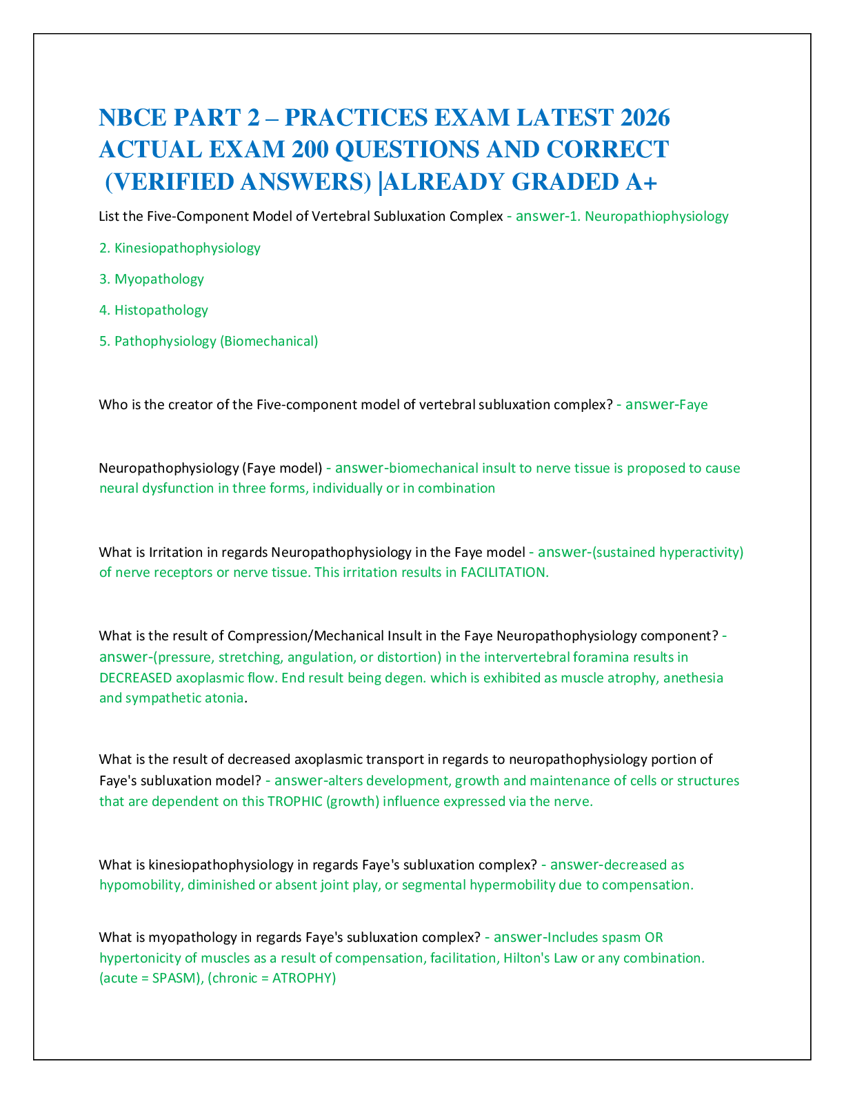 NBCE PART 2 – PRACTICES EXAM LATEST 2026   ACTUAL EXAM 200 QUESTIONS AND CORRECT   (VERIFIED ANSWERS) |ALREADY GRADED A+