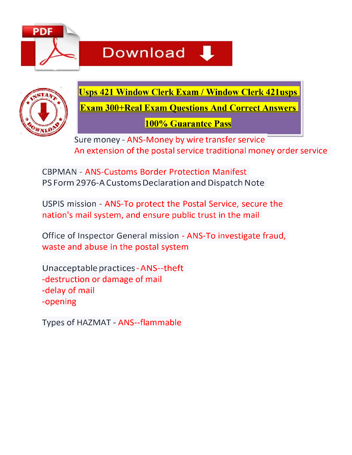USPS Exam 421 Window Clerk / SSA Practice Test 2026/2027 | 300+ Real Exam Questions & Correct Answers | Postal Regulations, Customer Service, Cash Handling | A+ Grade | Verified Solutions | Guaranteed Pass