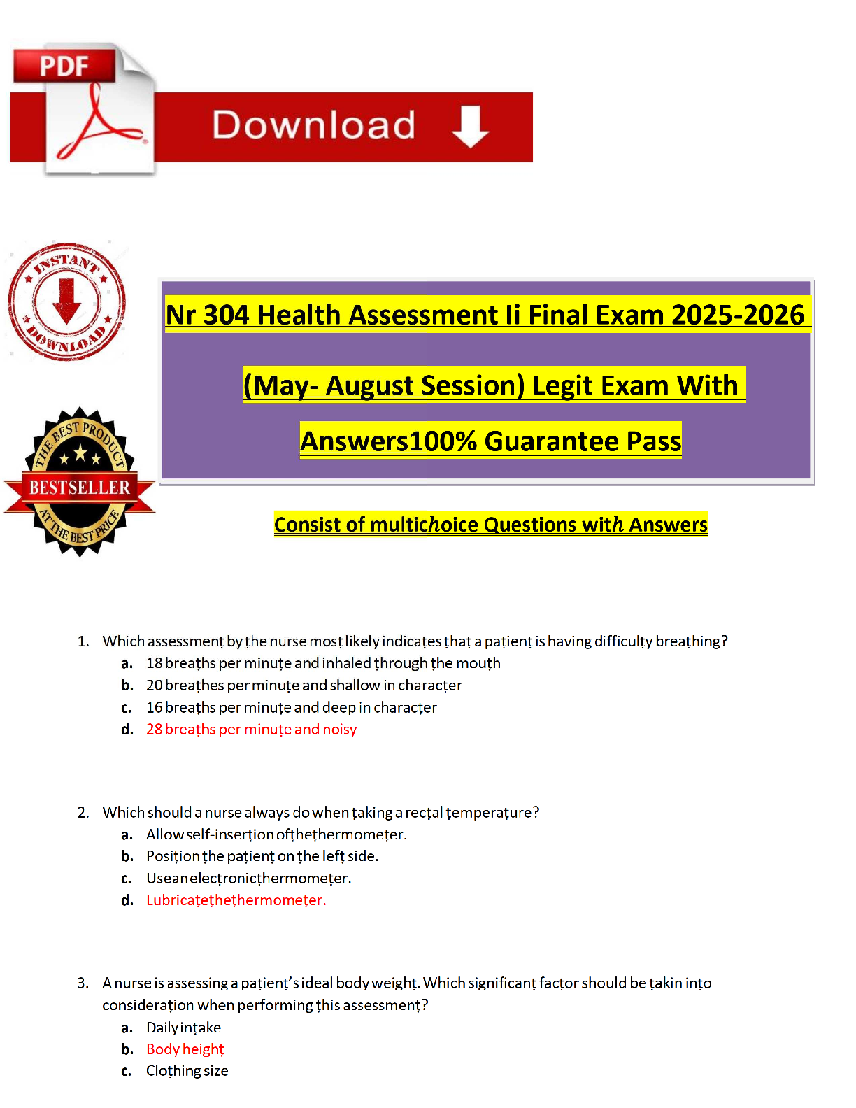 Chamberlain NR 304 / NR304 Final Exam | 2025/2026 (May-August Session) | Health Assessment II | Q&A with Rationales | Verified Solutions | 100% Guaranteed Pass | Grade A
