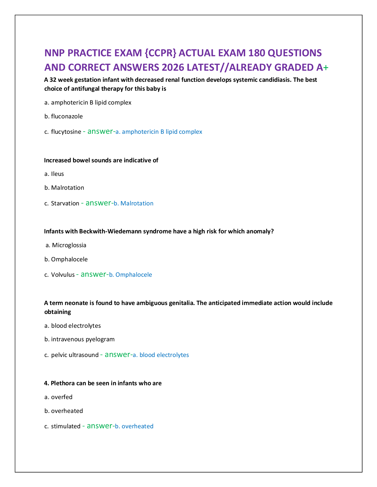 Preview of NNP PRACTICE EXAM {CCPR} ACTUAL EXAM 180 QUESTIONS  AND CORRECT ANSWERS 2026 LATEST//ALREA