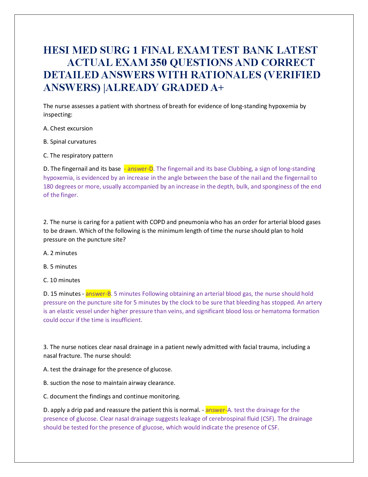 Recommended document preview for HESI MED SURG 1 FINAL EXAM TEST BANK LATEST 2026 | 350 Questions and Correct Detailed Answers with Rationales | Verified Solutions | Already Graded A+ | Guaranteed Pass