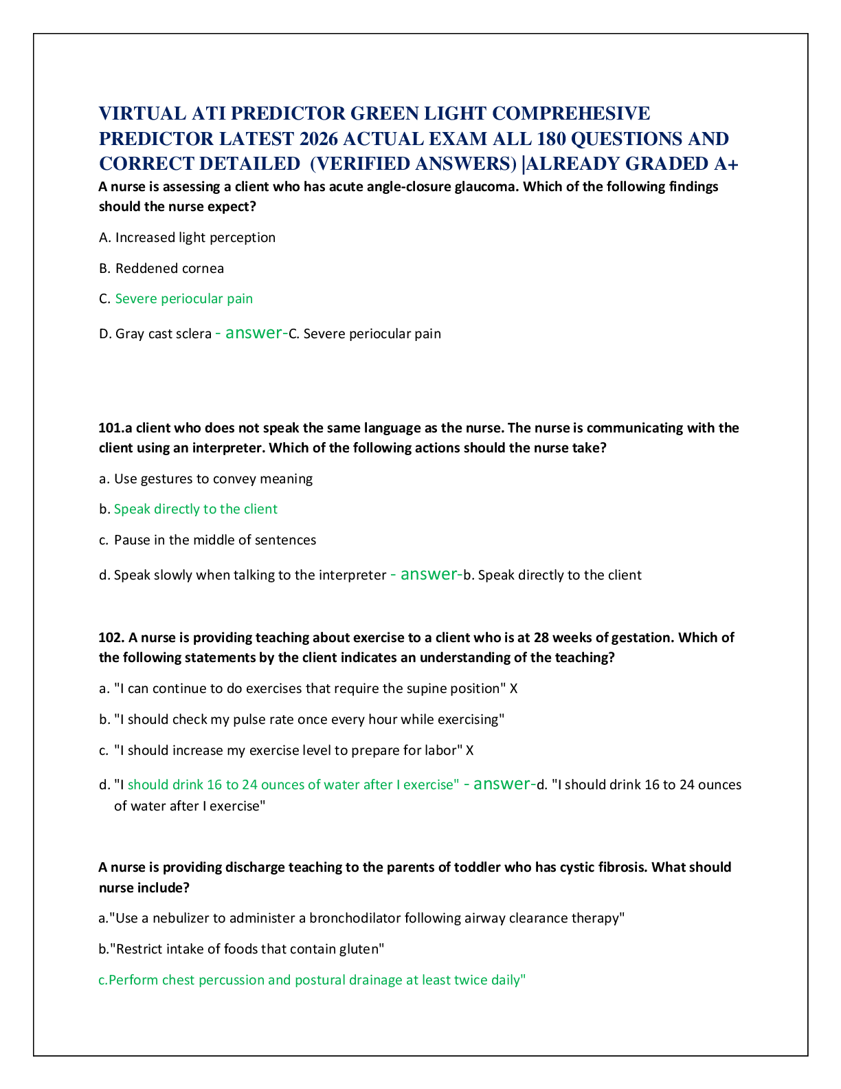 Recommended document preview for VIRTUAL ATI PREDICTOR GREEN LIGHT COMPREHESIVE  PREDICTOR LATEST 2026 ACTUAL EXAM ALL 180 QUESTIONS AND  CORRECT DETAILED  (VERIFIED ANSWERS) |ALREADY GRADED A+
