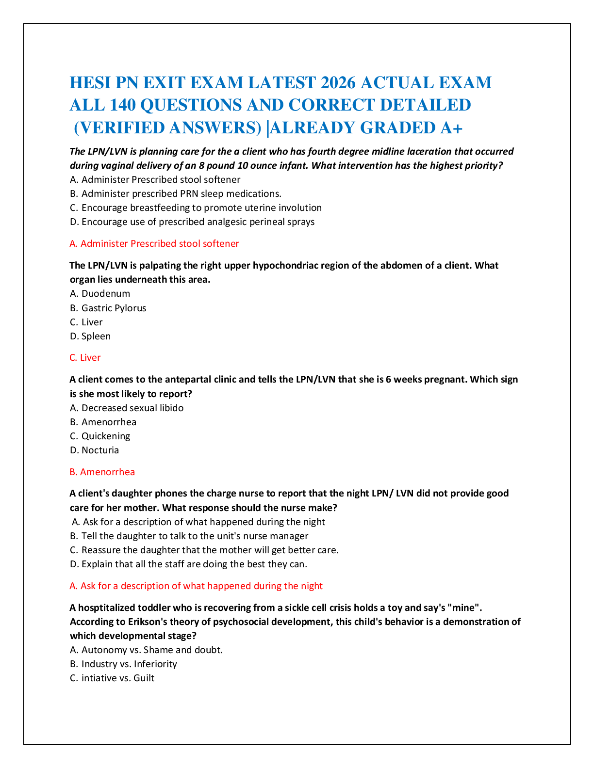 HESI PN EXIT EXAM LATEST 2026 ACTUAL EXAM   ALL 140 QUESTIONS AND CORRECT DETAILED   (VERIFIED ANSWERS) |ALREADY GRADED A+