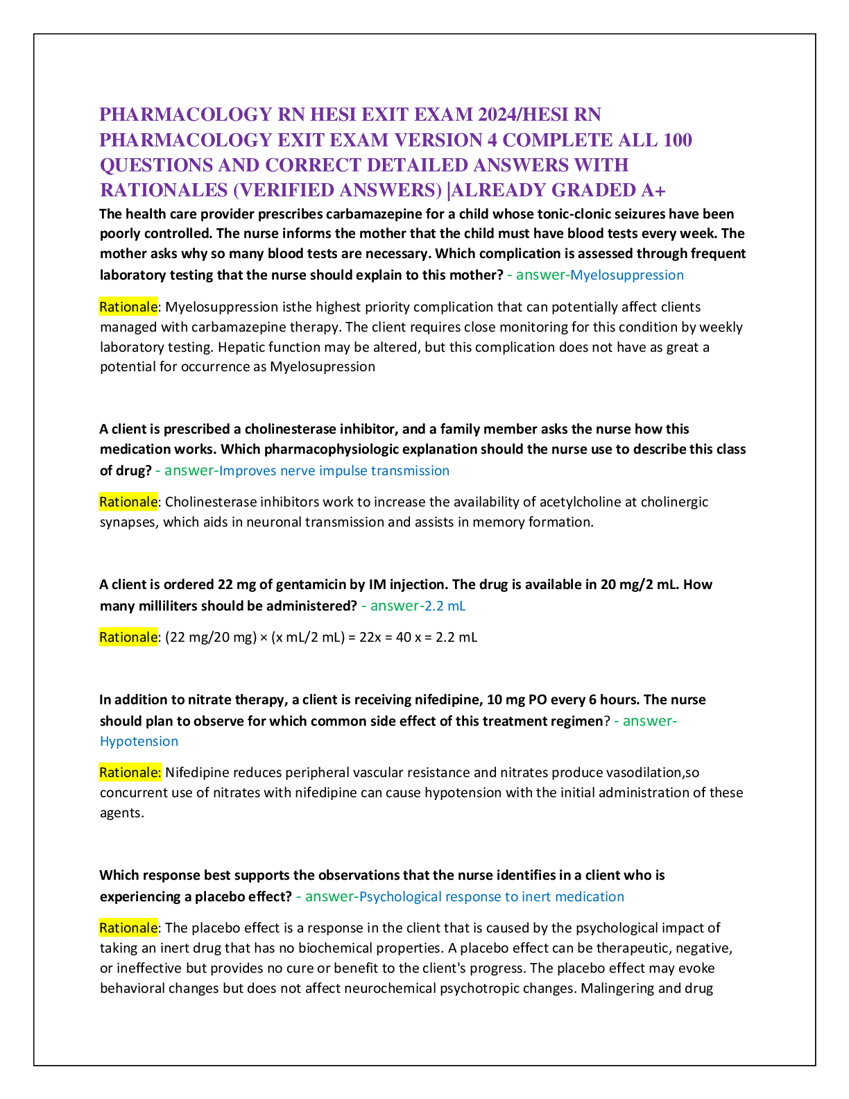 Preview of PHARMACOLOGY RN HESI EXIT EXAM 2024/HESI RN   PHARMACOLOGY EXIT EXAM VERSION 4 COMPLETE ALL 100  QUESTIONS AND CORRECT DETAILED ANSWERS WITH  RATIONALES (VERIFIED ANSWERS) |ALREADY GRADED A+