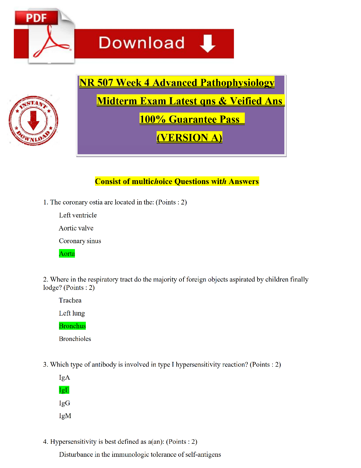 Recommended document preview for Chamberlain NR 507 / NR507 Week 4 Midterm Exam (Version A) 2026/2027 | Advanced Pathophysiology |  Q&A  | Immunological, Hematological, Pulmonary & Urinary Systems | Grade A | Verified Solutions | Guaranteed Pass