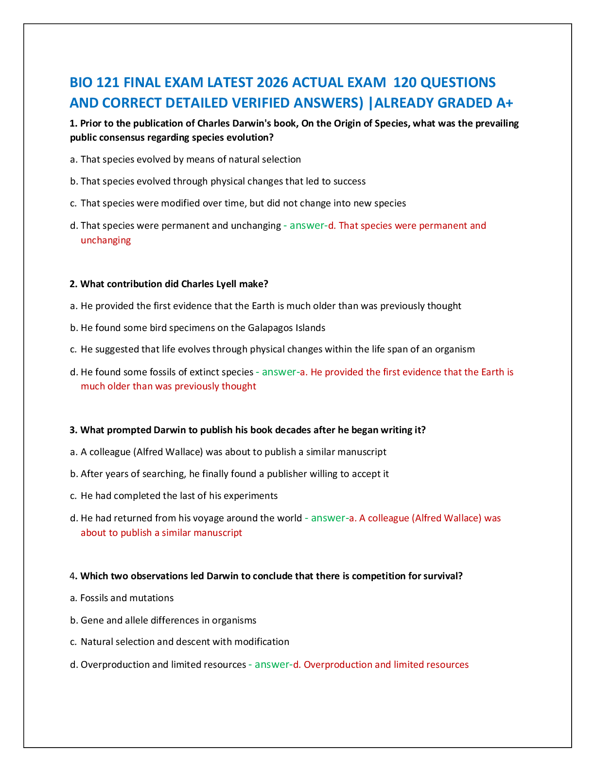 BIO 121 FINAL EXAM LATEST 2026 ACTUAL EXAM  120 QUESTIONS   AND CORRECT DETAILED VERIFIED ANSWERS) |ALREADY GRADED A+