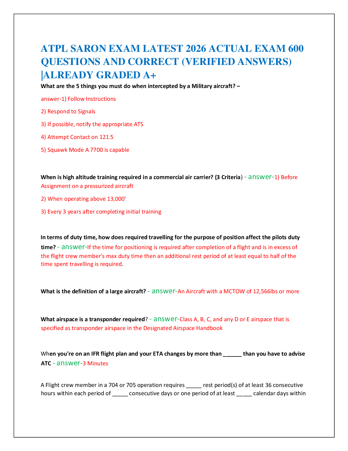 Recommended document preview for ATPL SARON EXAM LATEST 2026 ACTUAL EXAM 600  QUESTIONS AND CORRECT (VERIFIED ANSWERS)  |ALREADY GRADED A+