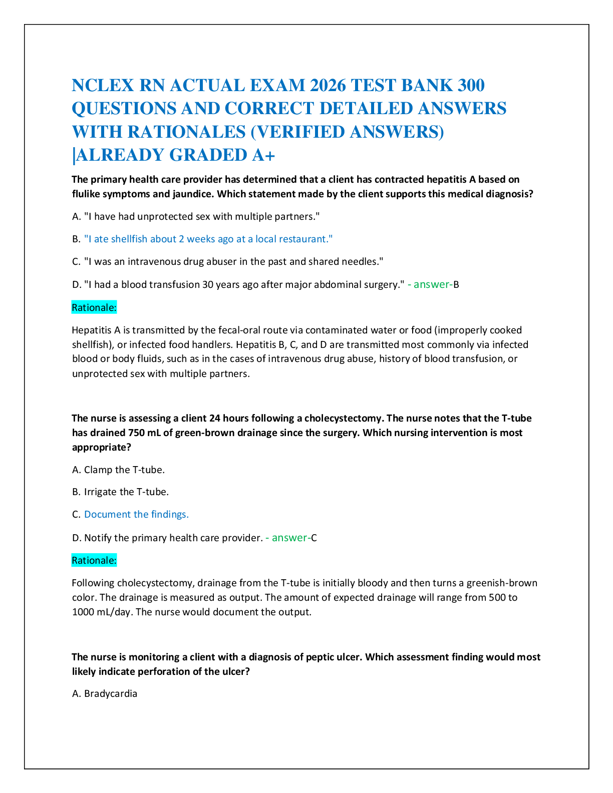 Preview of NCLEX RN ACTUAL EXAM 2026 TEST BANK 300   QUESTIONS AND CORRECT DETAILED ANSWERS   WITH RATIONALES (VERIFIED ANSWERS)  |ALREADY GRADED A+