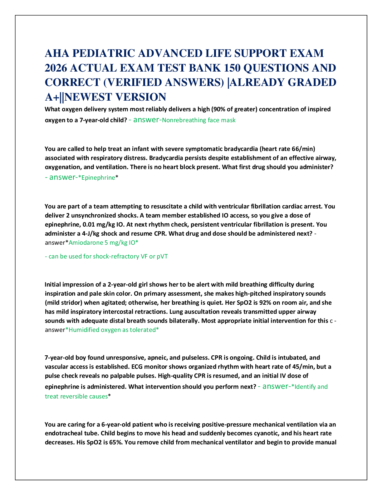 Recommended document preview for AHA PEDIATRIC ADVANCED LIFE SUPPORT EXAM   2026 ACTUAL EXAM TEST BANK 150 QUESTIONS AND   CORRECT (VERIFIED ANSWERS) |ALREADY GRADED  A+||NEWEST VERSION