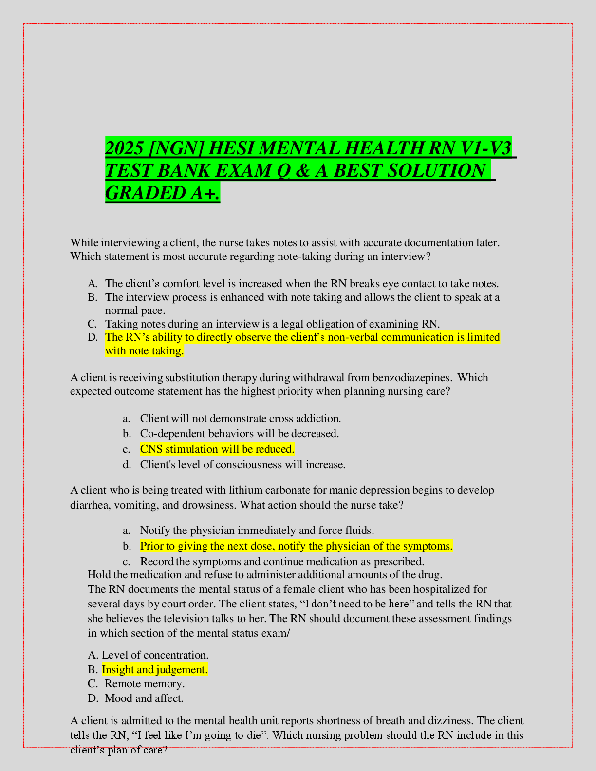 Recommended document preview for 2025 [NGN] HESI MENTAL HEALTH RN V1-V3 TEST BANK EXAM Q & A BEST SOLUTION GRADED A+.
