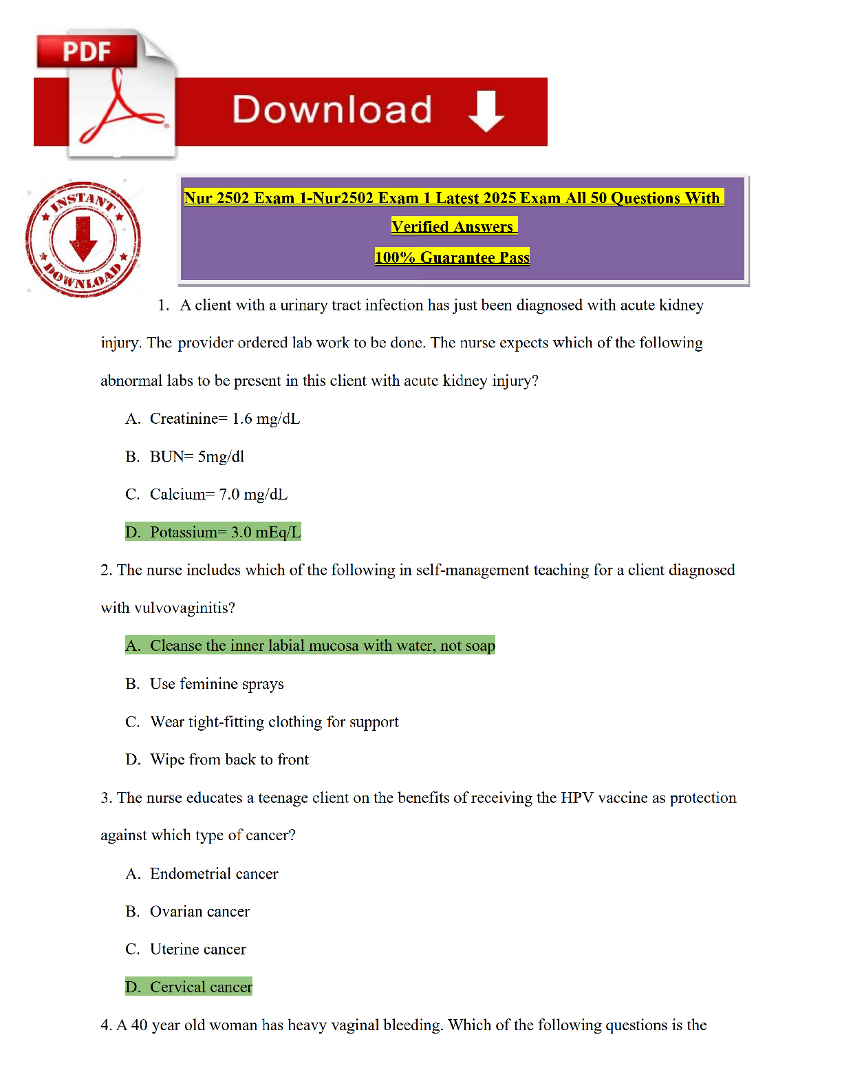 Recommended document preview for NUR 2502 / NUR2502 Exam 1 Rasmussen  | 2026 | Multidimensional Care III (MDC 3) | Questions & Answers  | Grade A+ | Verified Solutions | Guaranteed Pass