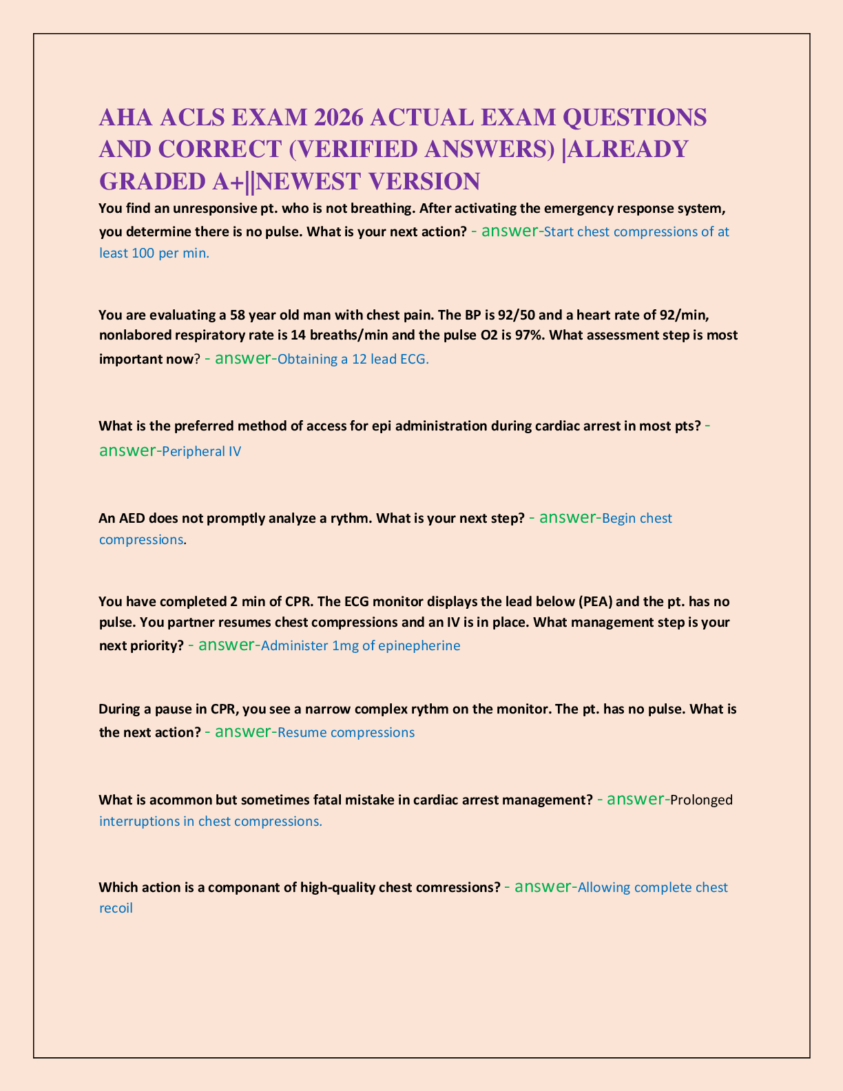 AHA ACLS EXAM 2026 ACTUAL EXAM QUESTIONS   AND CORRECT (VERIFIED ANSWERS) |ALREADY  GRADED A+||NEWEST VERSION