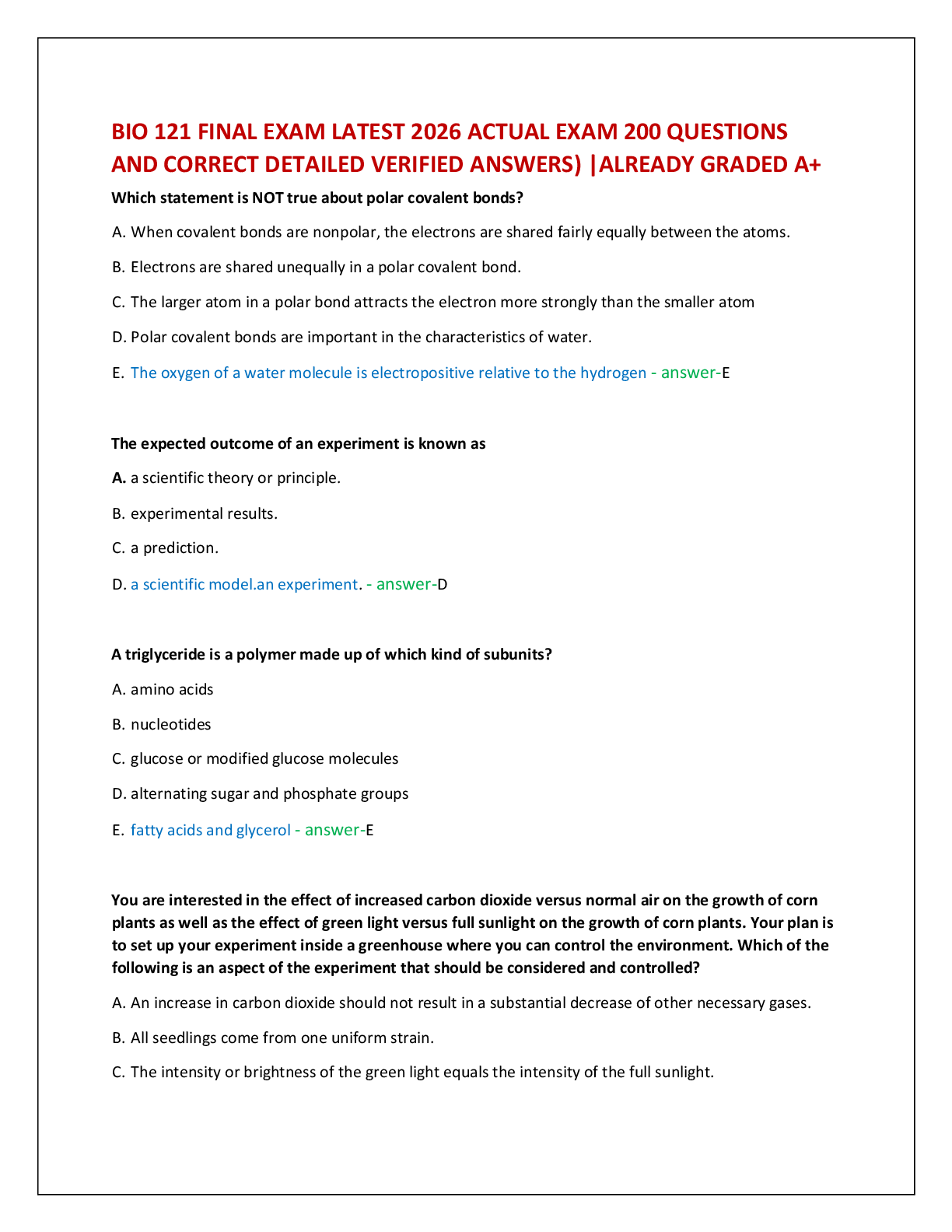 BIO 121 FINAL EXAM LATEST 2026 ACTUAL EXAM 200 QUESTIONS   AND CORRECT DETAILED VERIFIED ANSWERS) |ALREADY GRADED A+