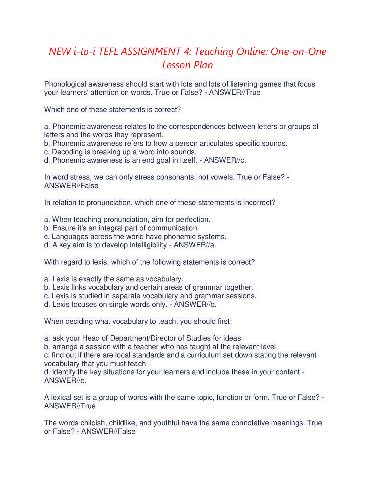 Preview of NEW i-to-i TEFL Assignment 4: Teaching Online One-on-One Lesson Plan – Complete Question B
