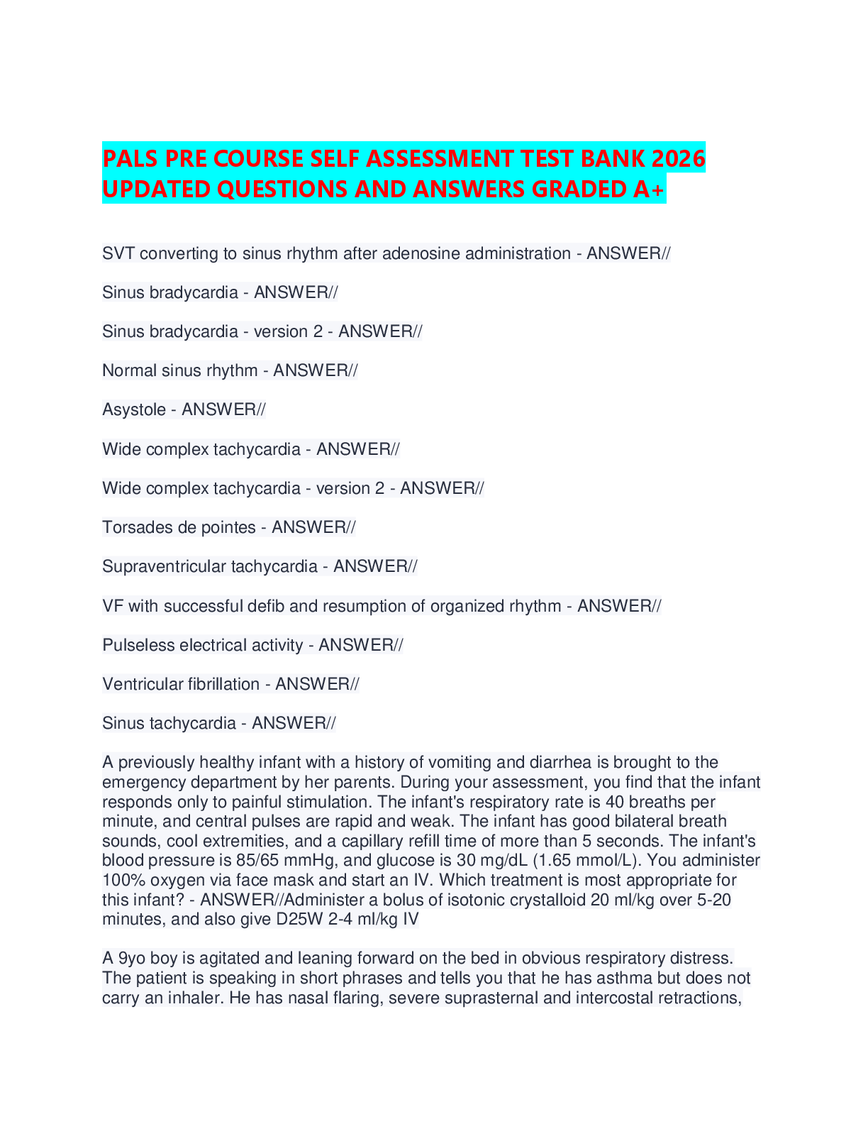 Recommended document preview for PALS Pre-Course Self-Assessment Test Bank 2026 – Updated Questions and Answers Graded A