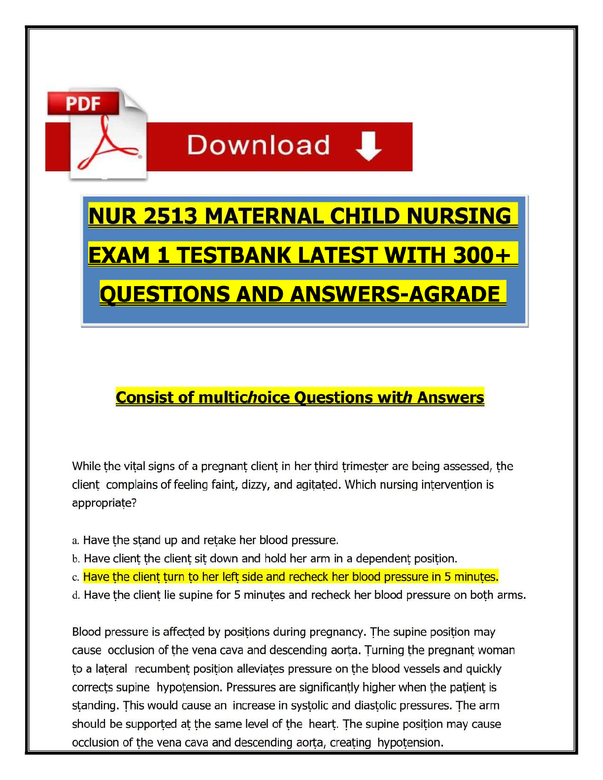 Recommended document preview for NUR 2513 / NUR2513 Maternal Child Nursing Exam 1 Test Bank 2026/2027 | 300+ Questions & Answers with Rationales | Grade A+ | Verified Solutions | Guaranteed Pass