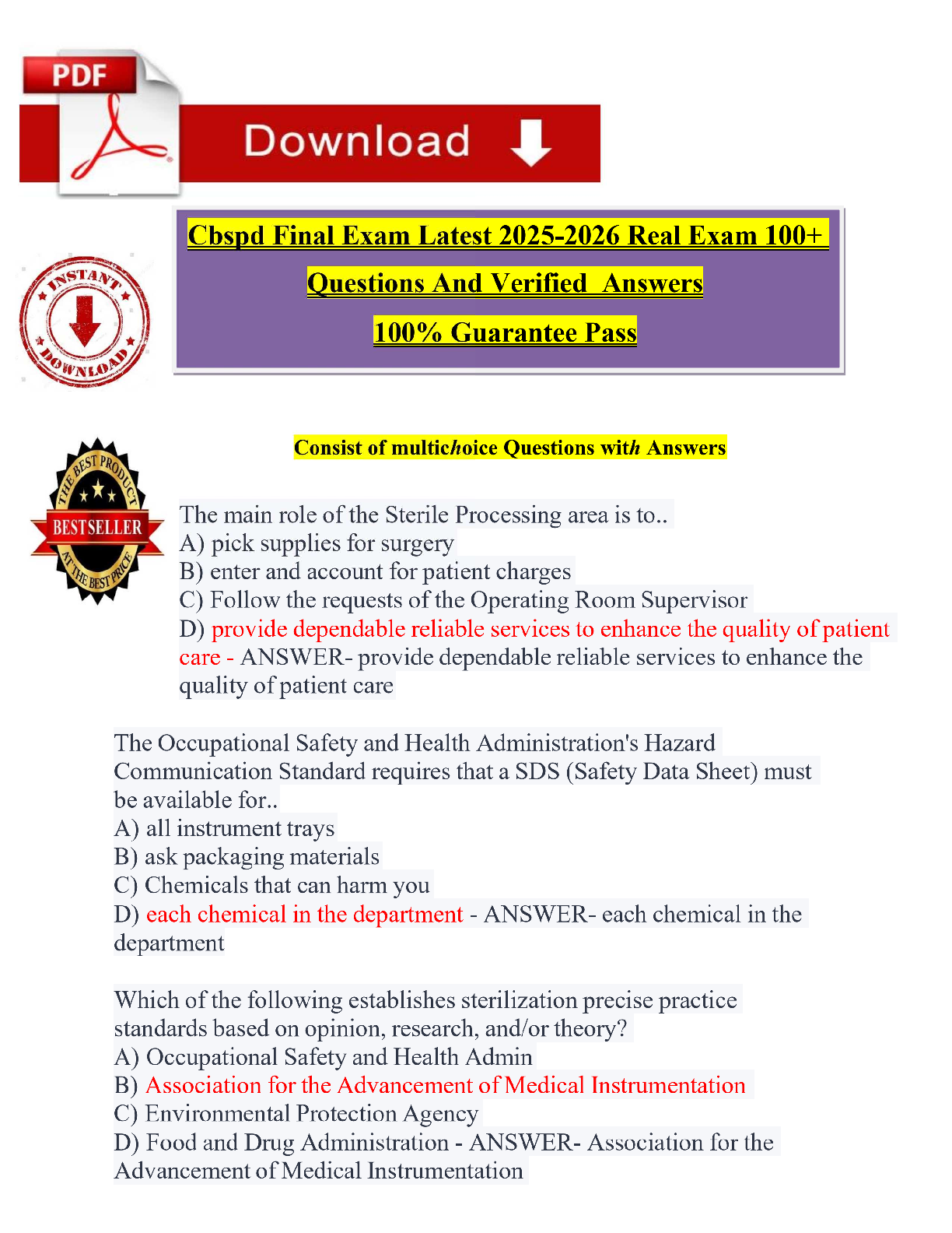 CBSPD Final Exam 2026 | Certified Sterile Processing Technician (CSPT) | Questions & Answers with Rationales |  | Grade A | Verified Solutions | Guaranteed Pass