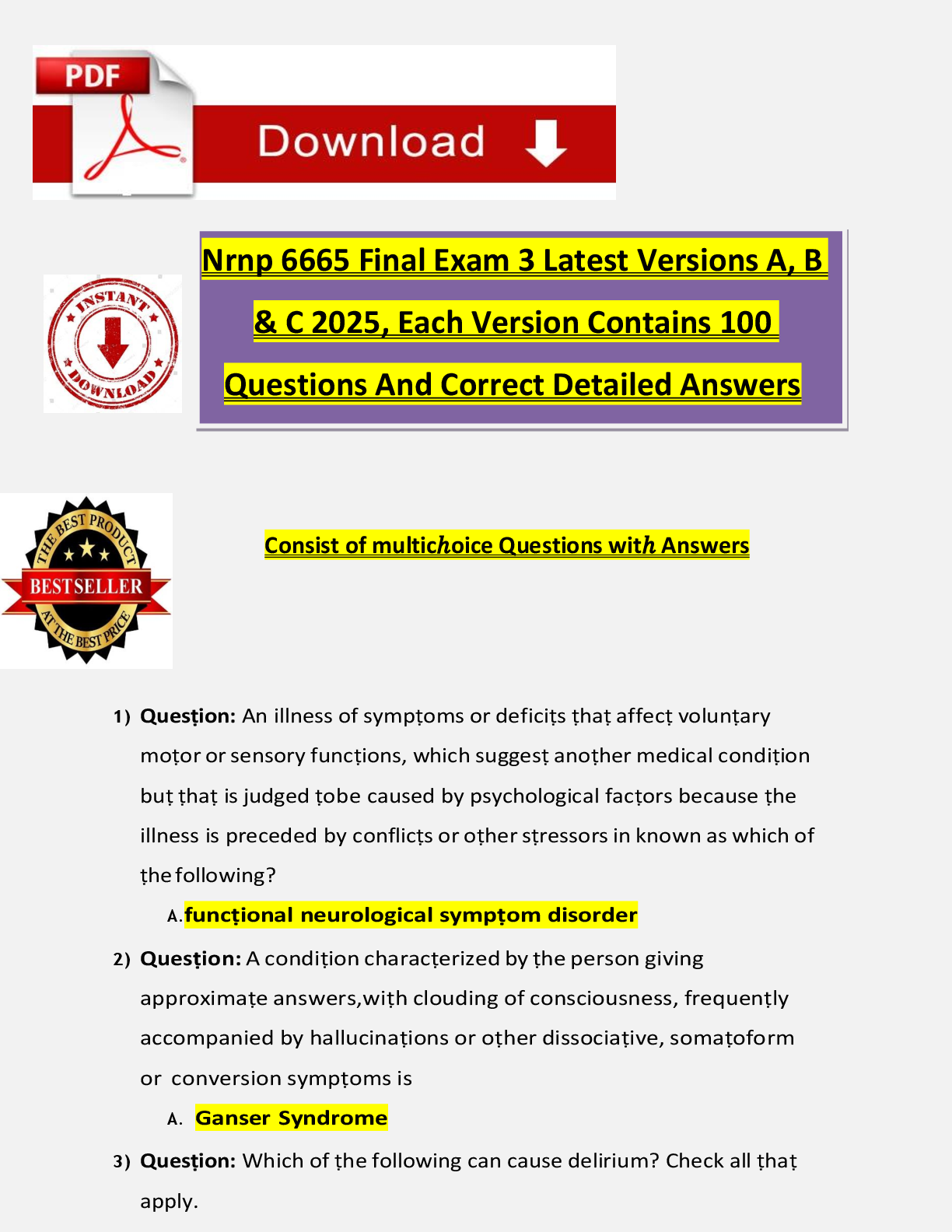 Walden NRNP 6665 Final Exam 2026 | Versions A, B & C – Complete Set | 300 Questions & Correct Detailed Answers | PMHNP Care Across the Lifespan I | Grade A+ | Verified Solutions | Guaranteed Pass