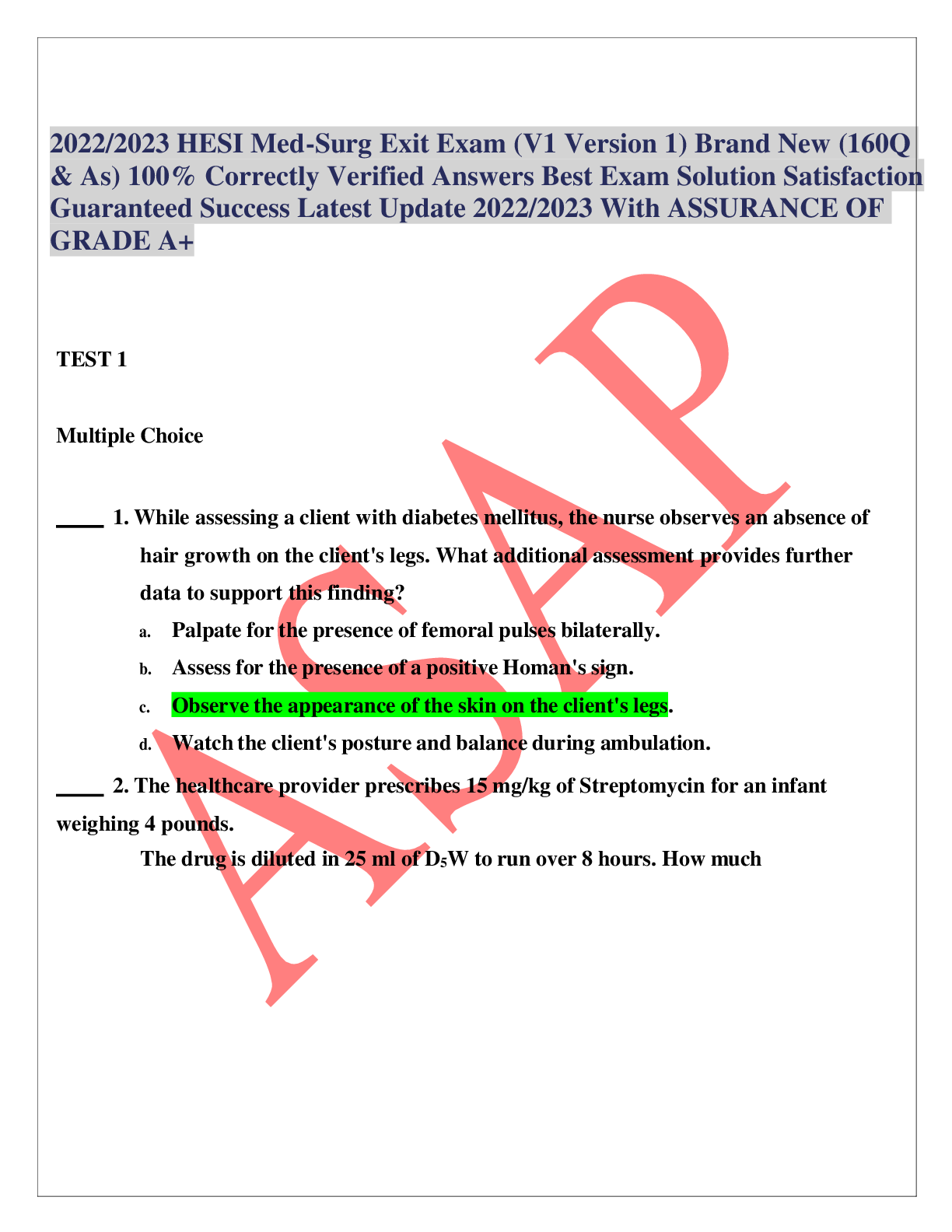 Recommended document preview for 2022/2023 HESI Med-Surg Exit Exam (V1 Version 1) Brand New (160Q & As) 100% Correctly Verified Answers Best Exam Solution Satisfaction Guaranteed Success Latest Update 2022/2023 With ASSURANCE OF GRADE A+