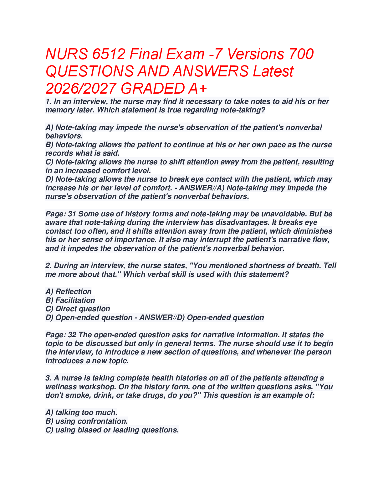 NURS  Health Assessment Comprehensive Question Bank with Answers