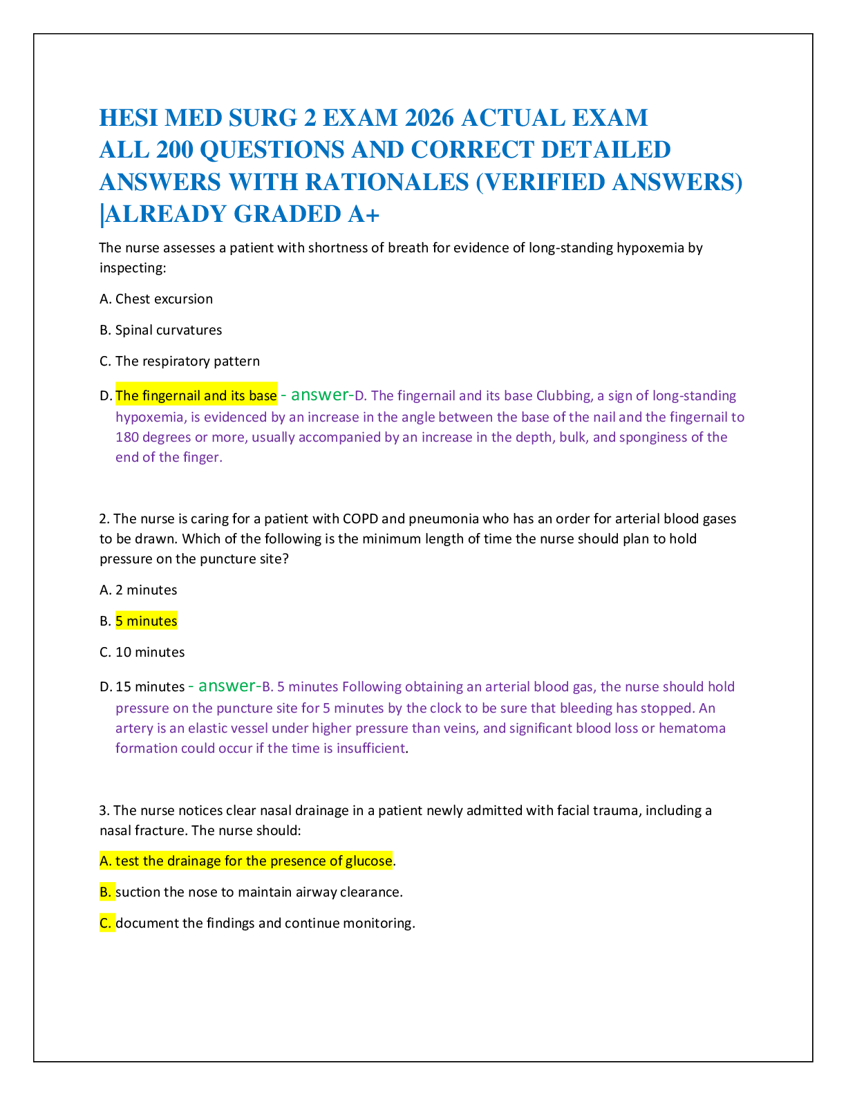 Preview of HESI MED SURG 2 EXAM 2026 ACTUAL EXAM   ALL 200 QUESTIONS AND CORRECT DETAILED   ANSWERS WITH RATIONALES (VERIFIED ANSWERS)  |ALREADY GRADED A+