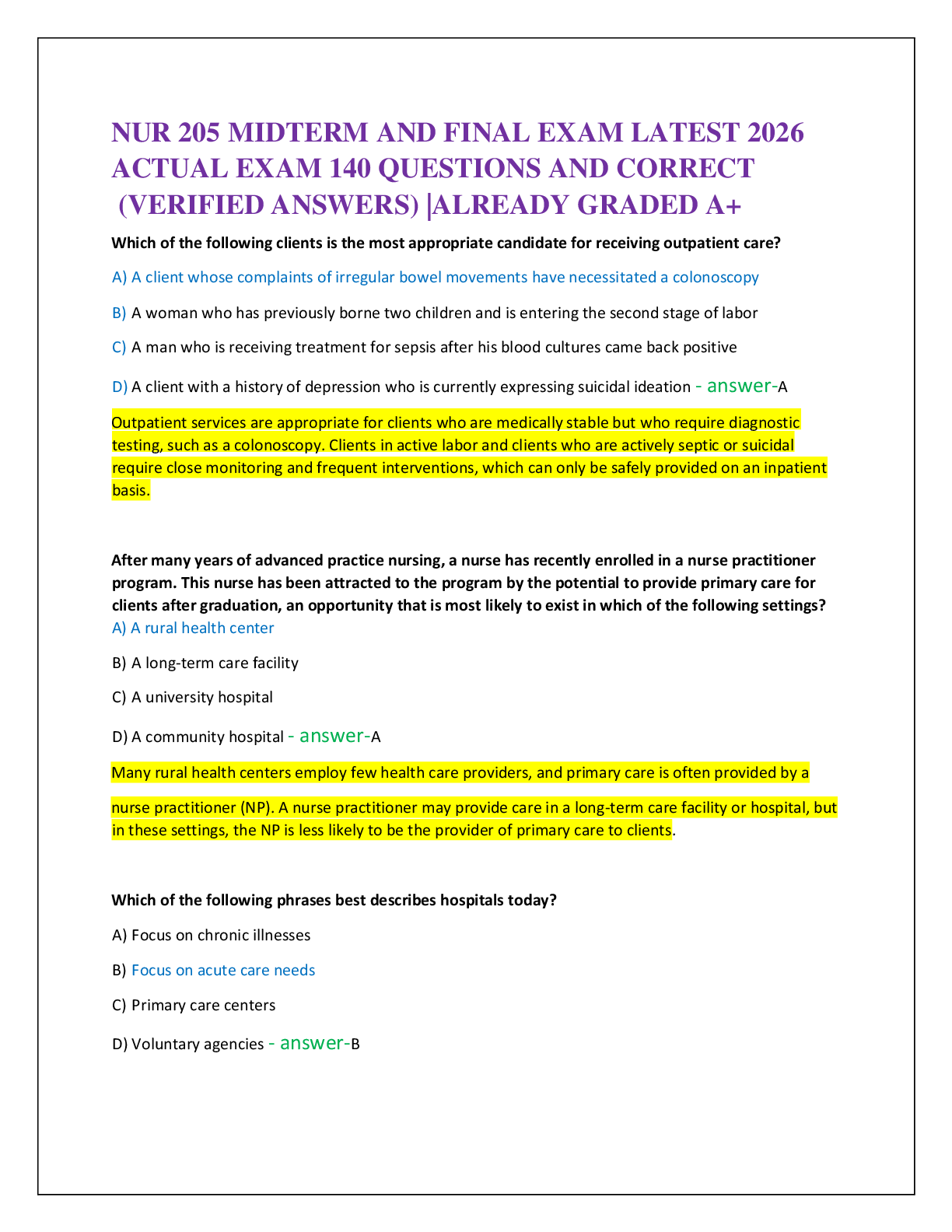 Preview of NUR 205 MIDTERM AND FINAL EXAM LATEST 2026   ACTUAL EXAM 140 QUESTIONS AND CORRECT   (VERIFIED ANSWERS) |ALREADY GRADED A+