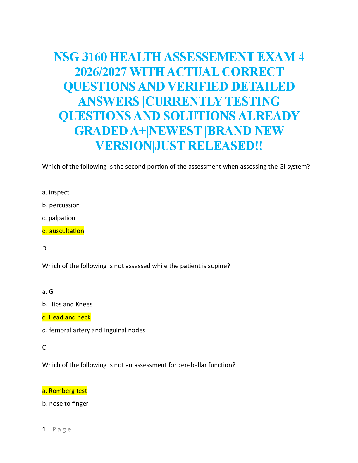 NSG 3160 HEALTH ASSESSEMENT EXAM 4  2026/2027