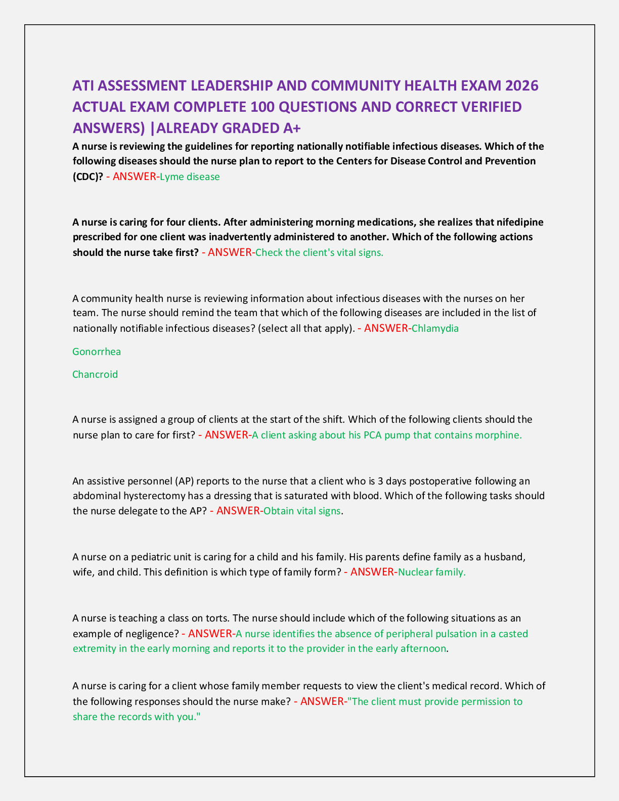 Preview of ATI ASSESSMENT LEADERSHIP AND COMMUNITY HEALTH EXAM 2026   ACTUAL EXAM COMPLETE 100 QUESTI