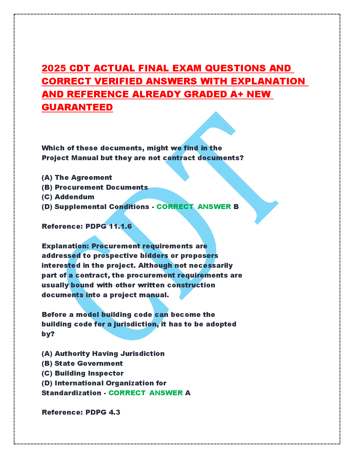 Recommended document preview for 2025 CDT ACTUAL FINAL EXAM QUESTIONS AND CORRECT VERIFIED ANSWERS WITH EXPLANATION AND REFERENCE ALREADY GRADED A+ NEW GUARANTEED