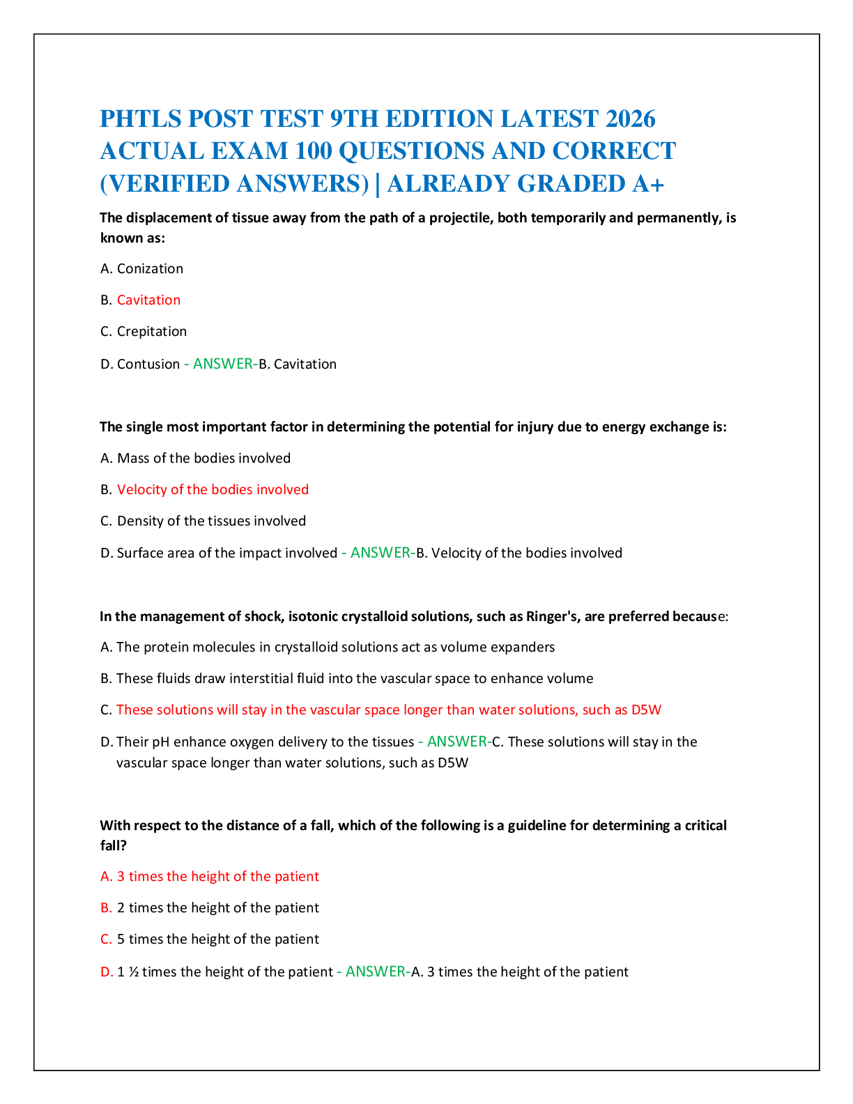 Recommended document preview for PHTLS POST TEST 9TH EDITION LATEST 2026   ACTUAL EXAM 100 QUESTIONS AND CORRECT   (VERIFIED ANSWERS) | ALREADY GRADED A+