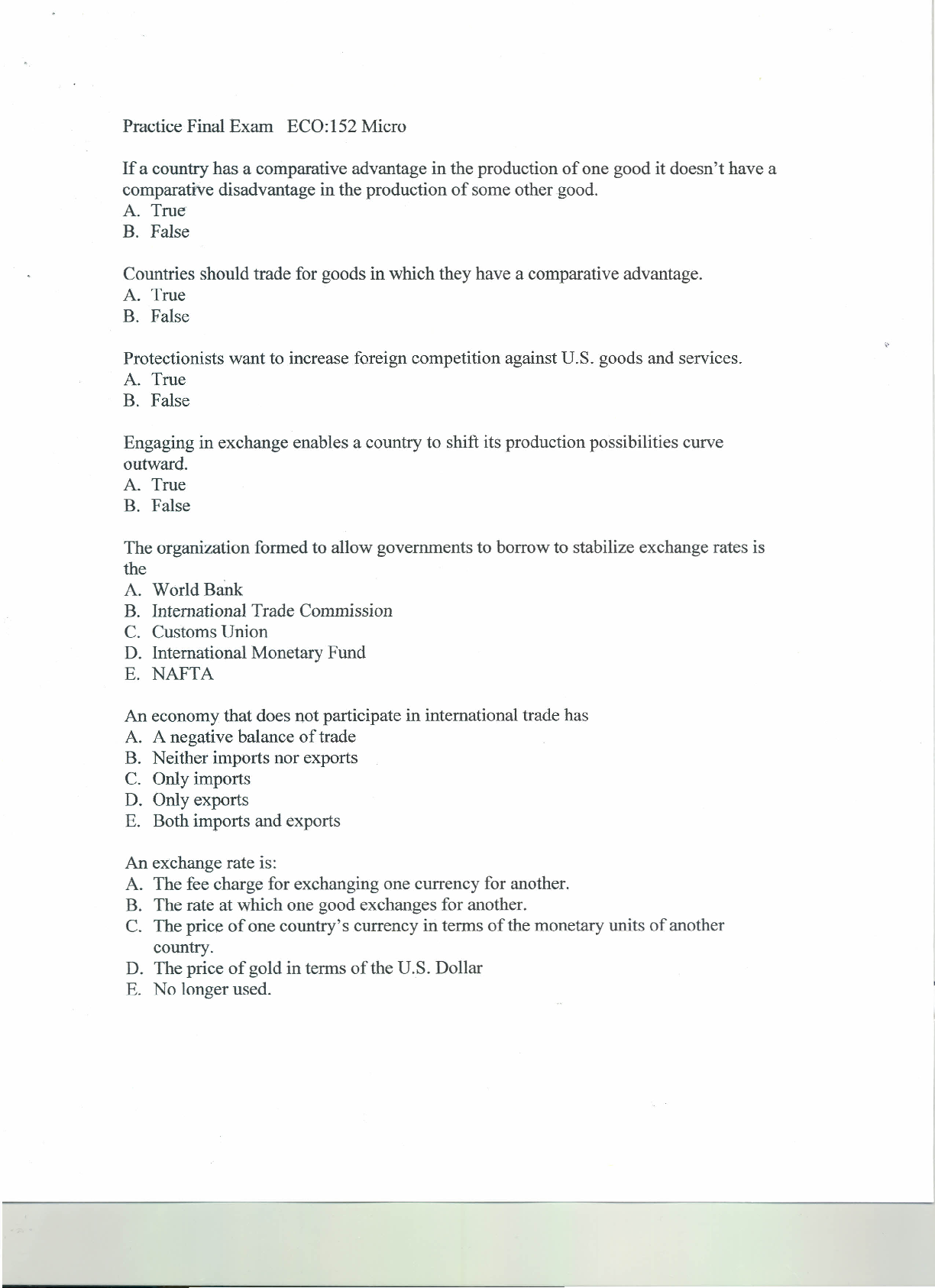 Preview of ECO 152 Practice Final Exam