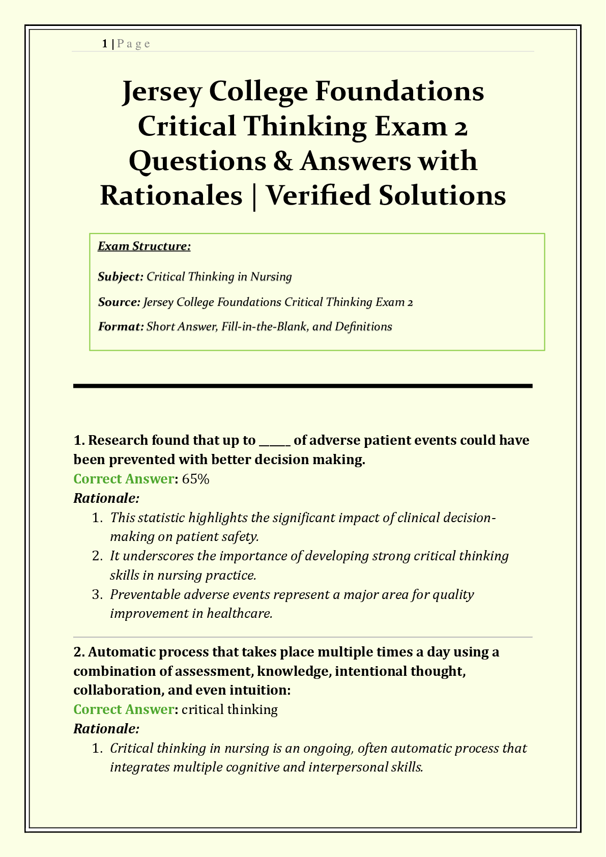 Preview of Jersey College Foundations Critical Thinking Exam 2 | 2026/2027 | Q & A | Spinal Cord Inju
