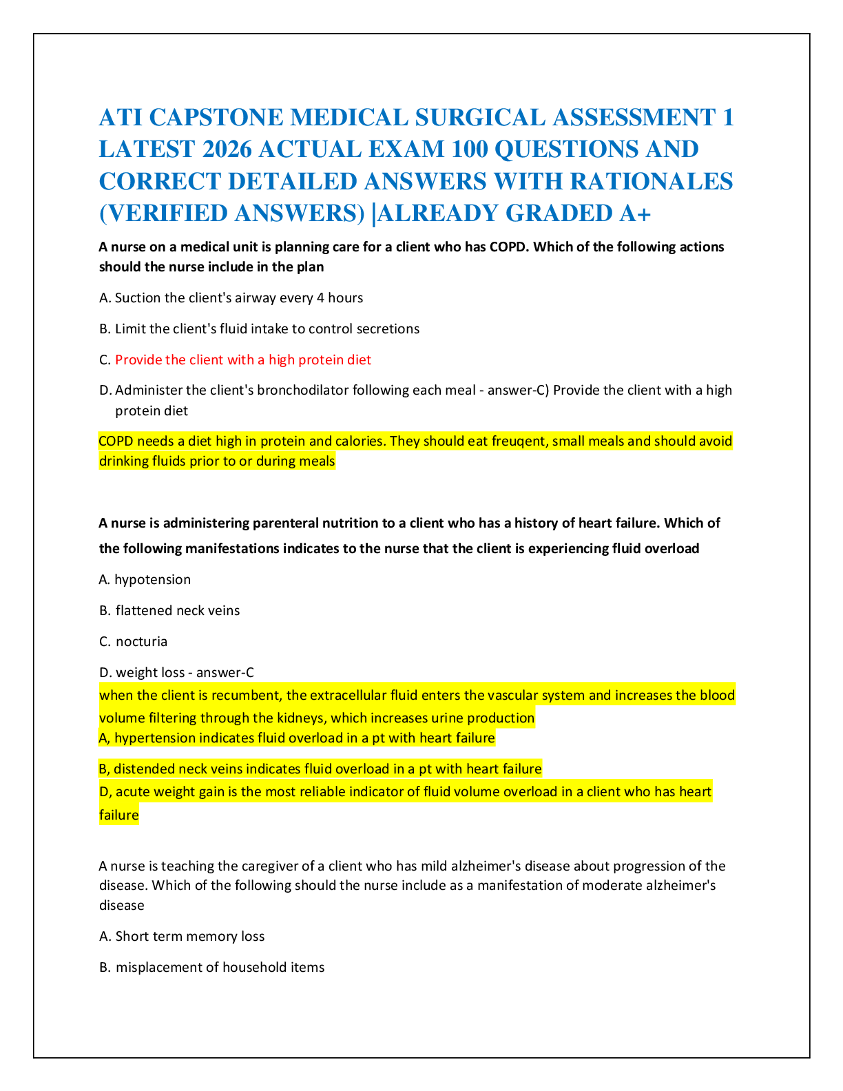 Recommended document preview for ATI CAPSTONE MEDICAL SURGICAL ASSESSMENT 1   LATEST 2026 ACTUAL EXAM 100 QUESTIONS AND   CORRECT DETAILED ANSWERS WITH RATIONALES  (VERIFIED ANSWERS) |ALREADY GRADED A+