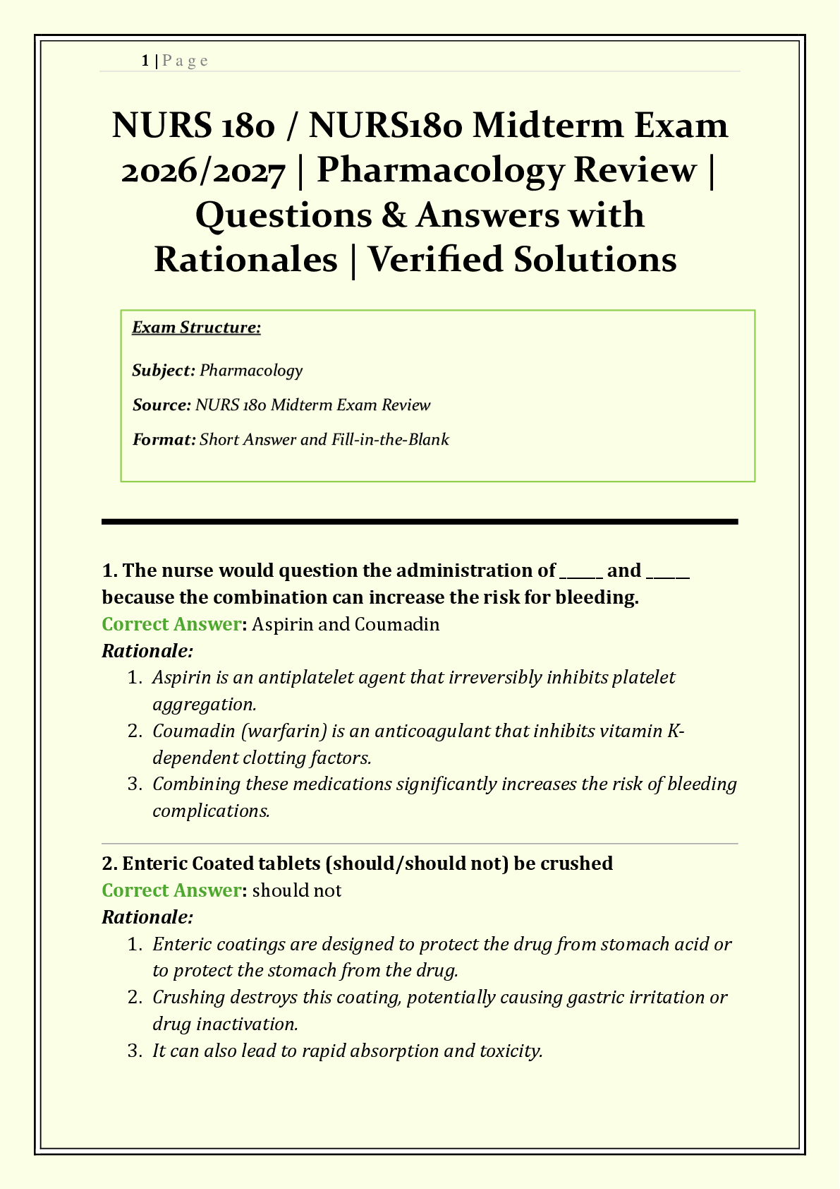 Recommended document preview for NURS 180 / NURS180 Midterm Exam | 2026/2027 | Pharmacology Review |  Q&A with Rationales | Diuretics, Glucocorticoids, Drug Safety & Clinical Trials | Grade A | Verified Solutions