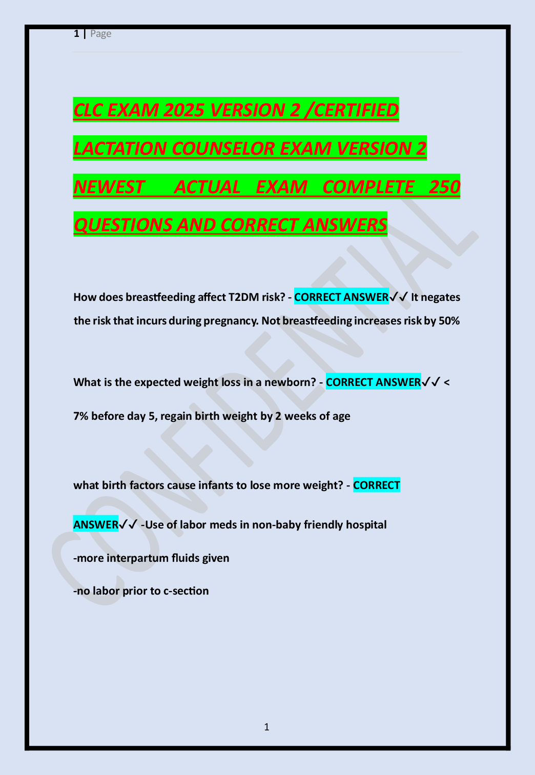 Preview of CLC EXAM 2025 VERSION 2 /CERTIFIED LACTATION COUNSELOR EXAM VERSION 2 NEWEST ACTUAL EXAM C