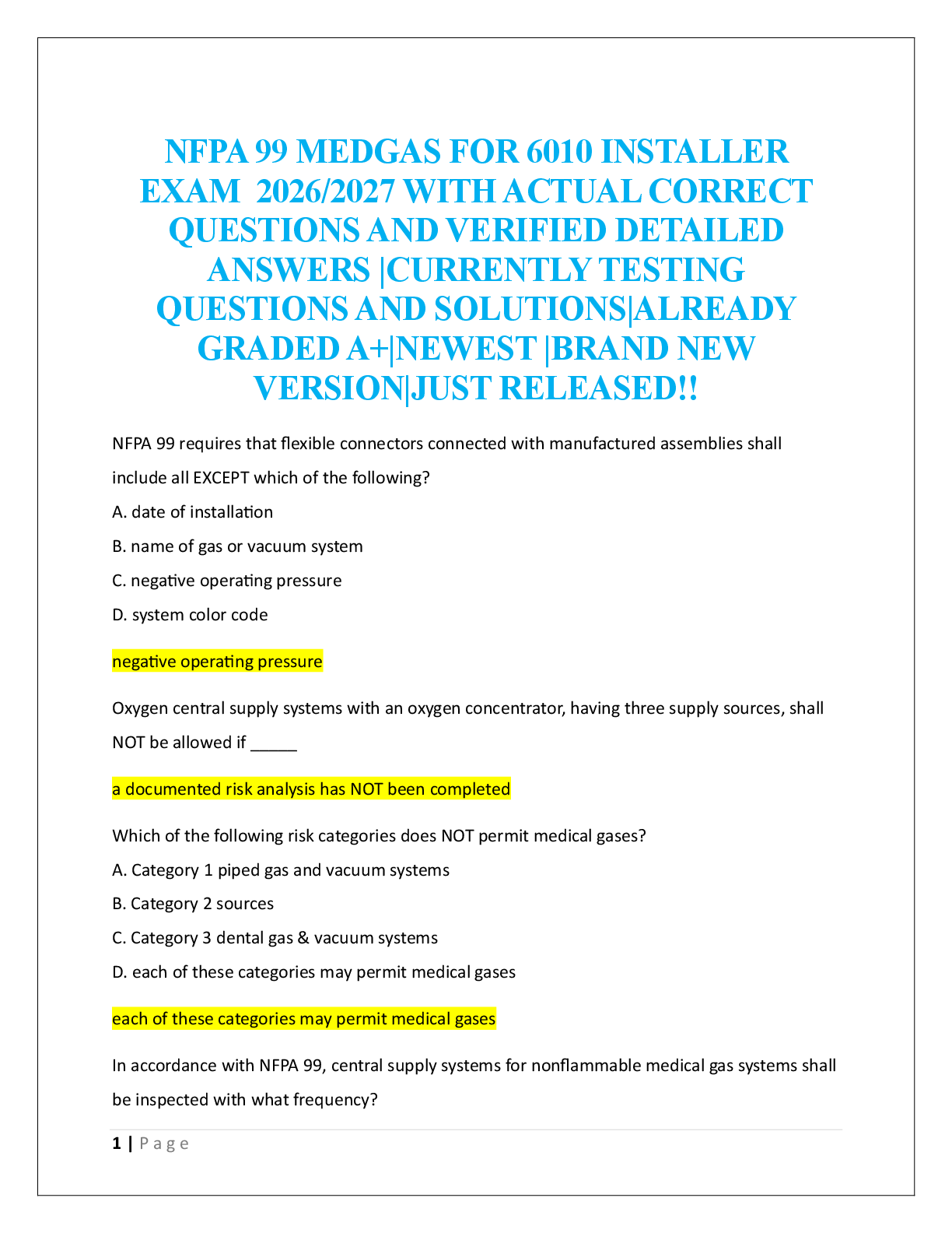 Recommended document preview for NFPA 99 MEDGAS FOR 6010 INSTALLER  EXAM  2026/2027