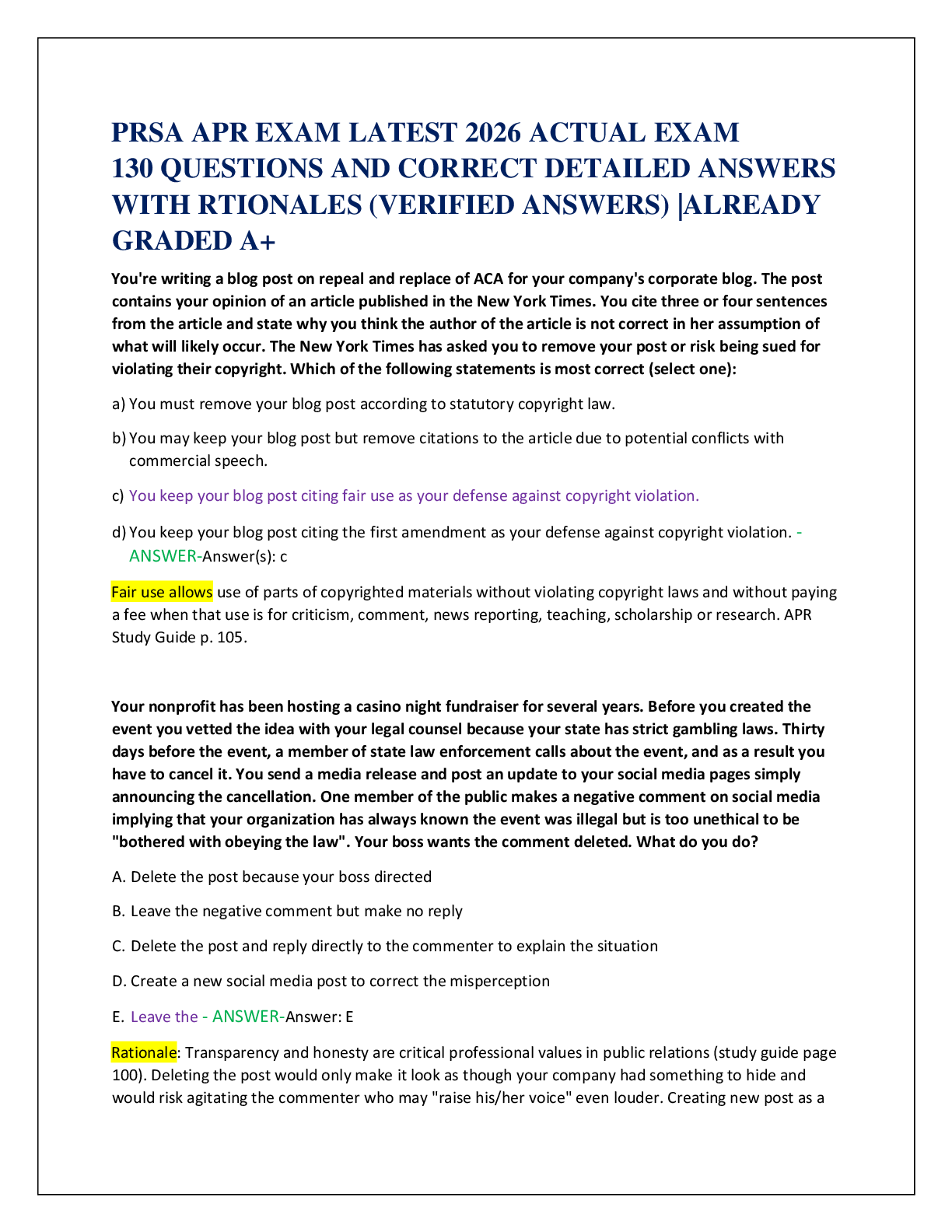Recommended document preview for PRSA APR EXAM LATEST 2026 ACTUAL EXAM   130 QUESTIONS AND CORRECT DETAILED ANSWERS   WITH RTIONALES (VERIFIED ANSWERS) |ALREADY  GRADED A+