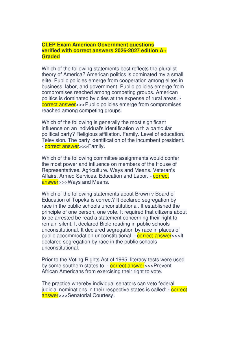 Preview of CLEP Exam American Government questions verified with correct answers 2026-2027 edition A+ Graded