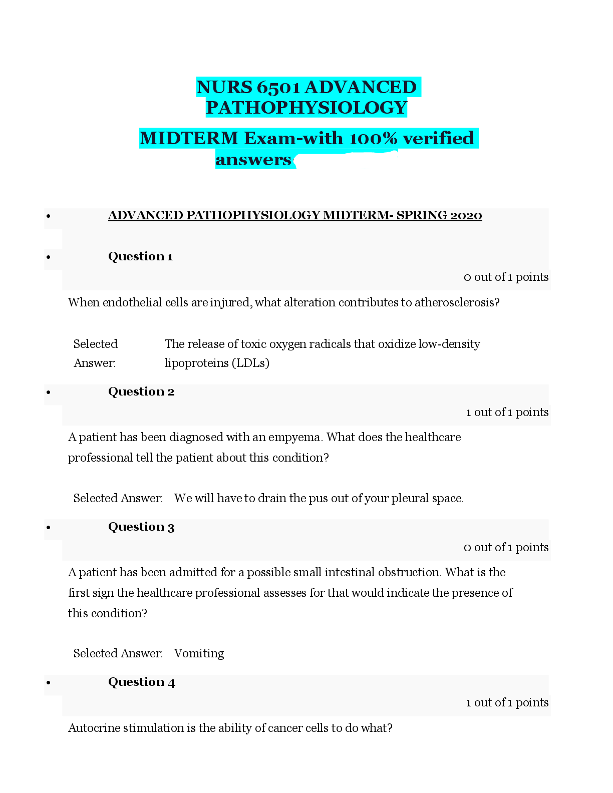 Recommended document preview for NURS 6501 / NURS6501 Advanced Pathophysiology Midterm Exam | Walden | 2026/2027 | Verified Questions & Answers  | Cellular Biology, Genetics, Cardiovascular, Renal & Endocrine Pathophysiology | Graded A+ | Guaranteed Pass