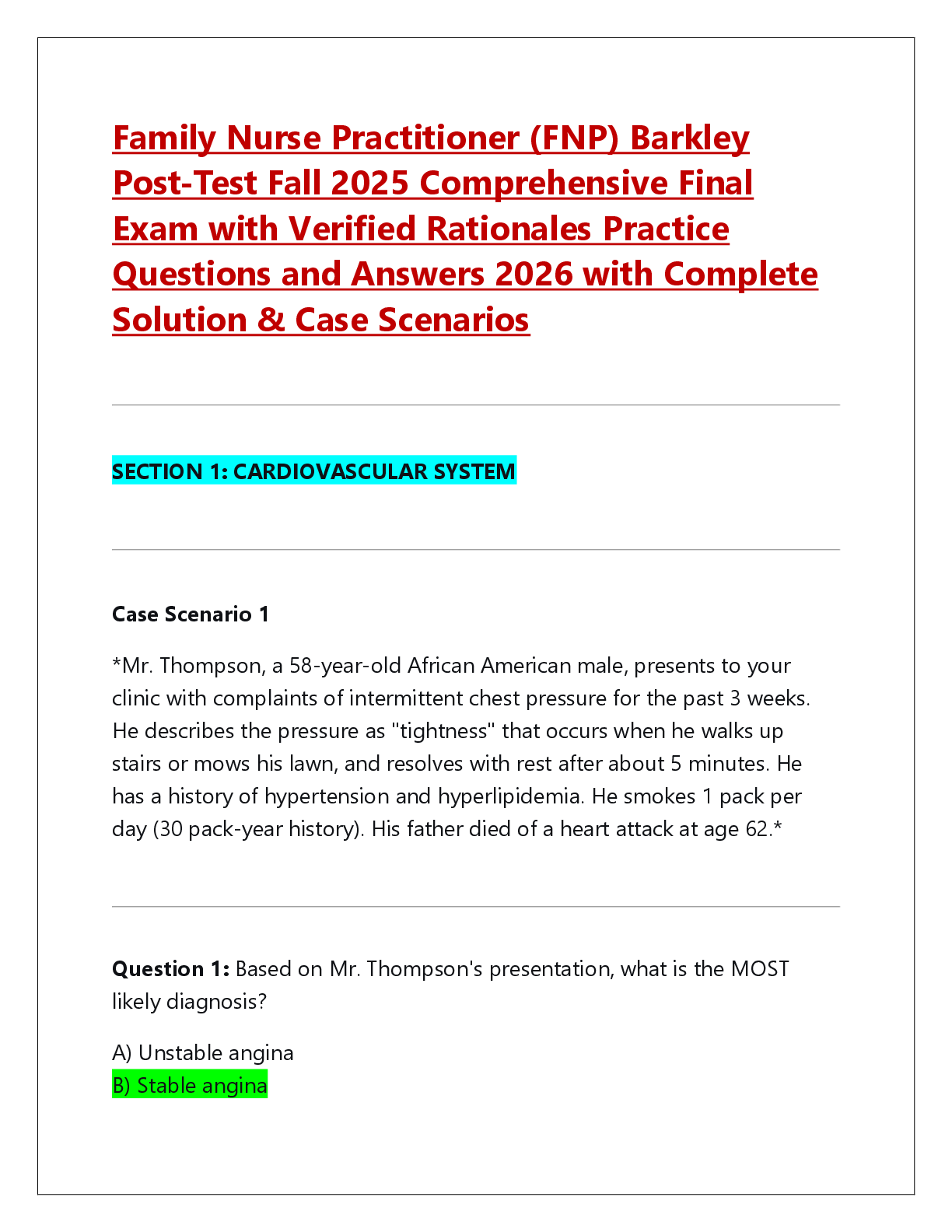 Preview of Family Nurse Practitioner (FNP) Barkley  Post-Test Fall 2025 Comprehensive Final  Exam with Verified Rationales Practice  Questions and Answers 2026 with Complete  Solution & Case Scenarios