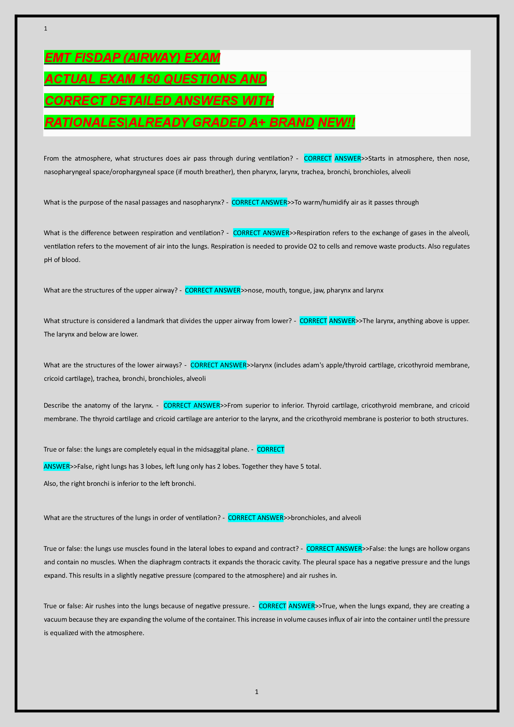 Recommended document preview for EMT FISDAP (AIRWAY) EXAM ACTUAL EXAM 150 QUESTIONS AND CORRECT DETAILED ANSWERS WITH RATIONALES|ALREADY GRADED A+ BRAND NEW!!
