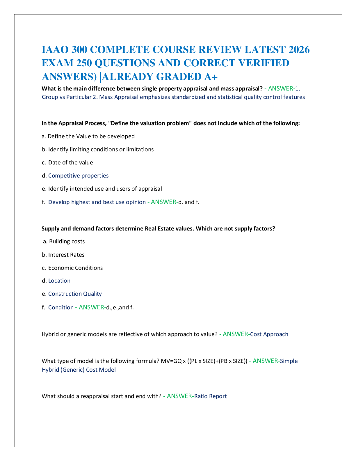 Recommended document preview for IAAO 300 COMPLETE COURSE REVIEW LATEST 2026   EXAM 250 QUESTIONS AND CORRECT VERIFIED  ANSWERS) |ALREADY GRADED A+