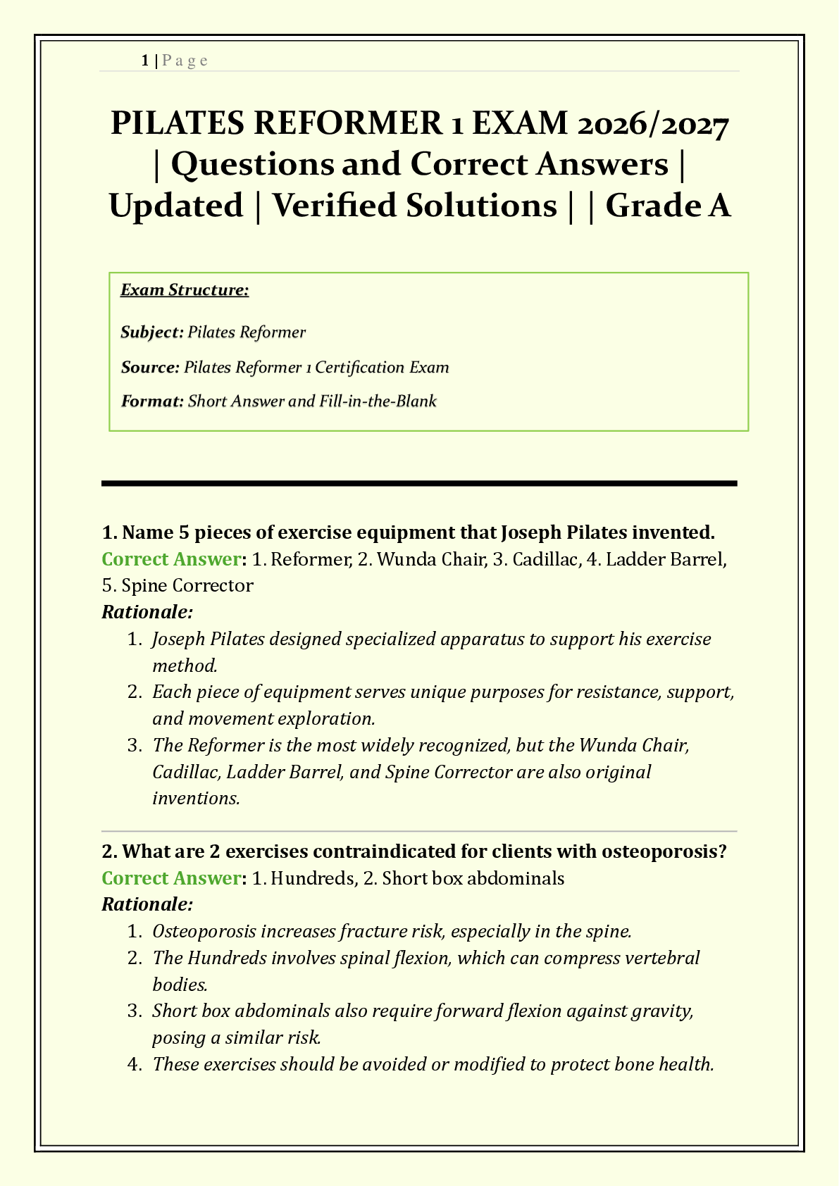 Recommended document preview for PILATES REFORMER 1 EXAM 2026/2027 | Questions and Correct Answers | Exercise Scripts, Safety & Anatomy | Verified Solutions | Grade A+ | Downloadable PDF