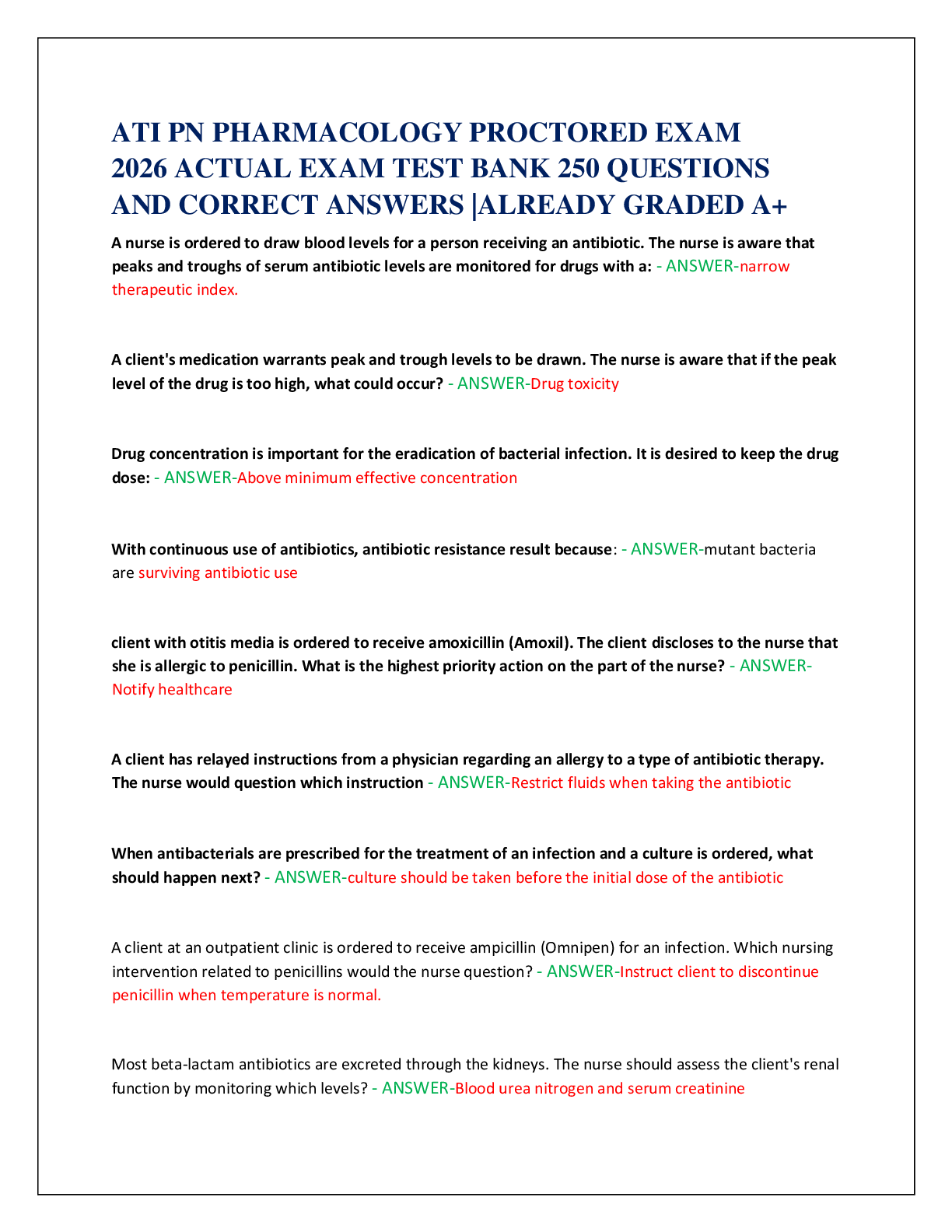 Preview of ATI PN PHARMACOLOGY PROCTORED EXAM   2026 ACTUAL EXAM TEST BANK 250 QUESTIONS   AND CORRECT ANSWERS |ALREADY GRADED A+
