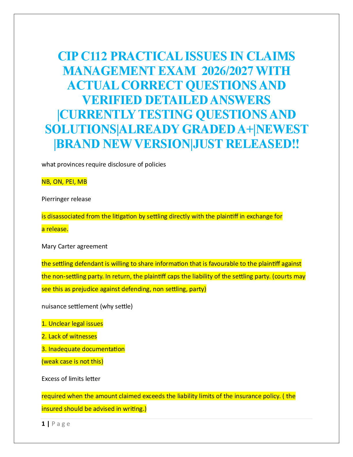 Recommended document preview for CIP C112 PRACTICAL ISSUES IN CLAIMS  MANAGEMENT EXAM  2026/2027